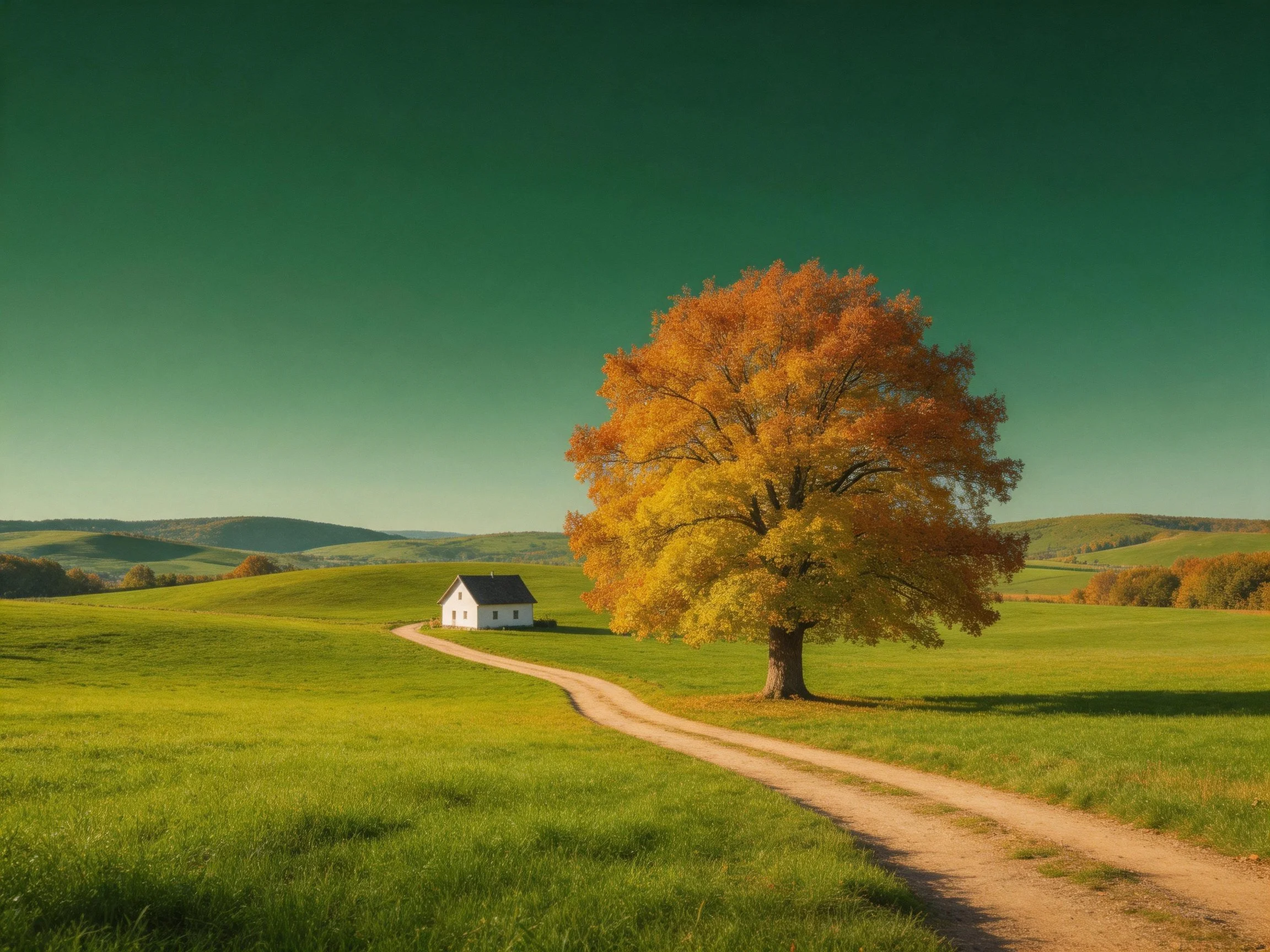 A golden-hued tree stands beside a white cottage near rolling green hills