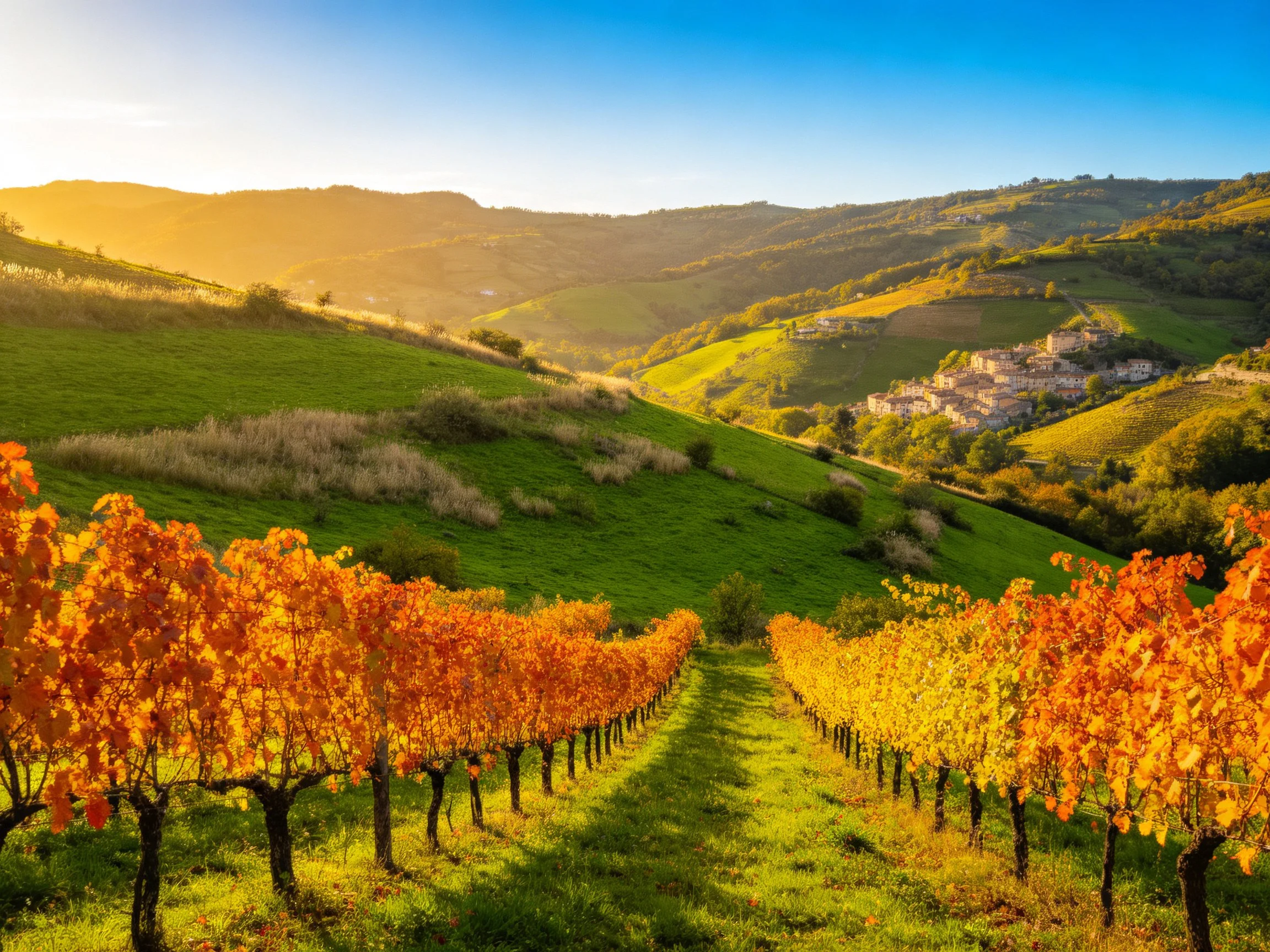 A golden-hued vineyard with rolling green hills and autumn vines