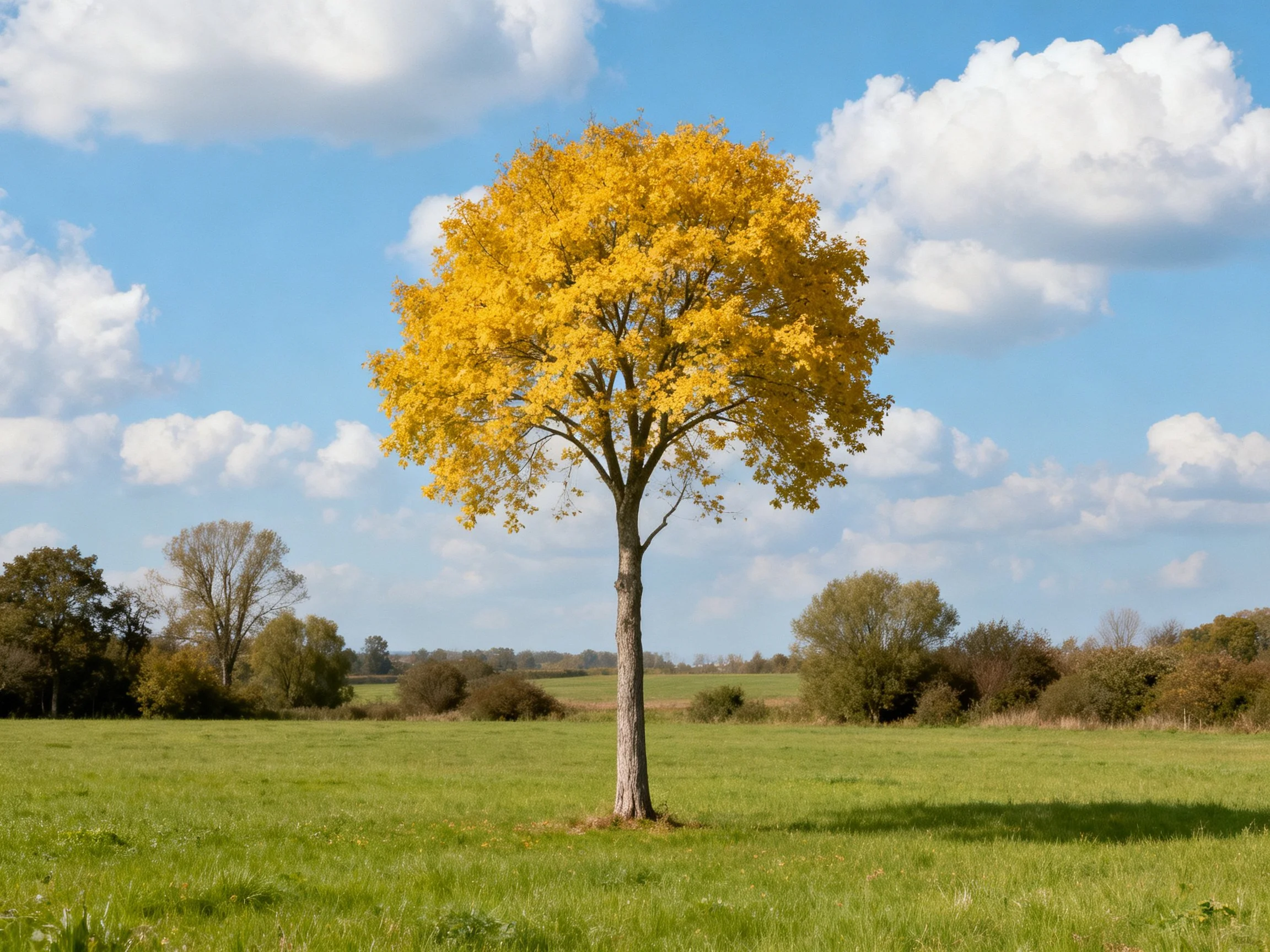 A golden-leaved tree stands alone in a green meadow.