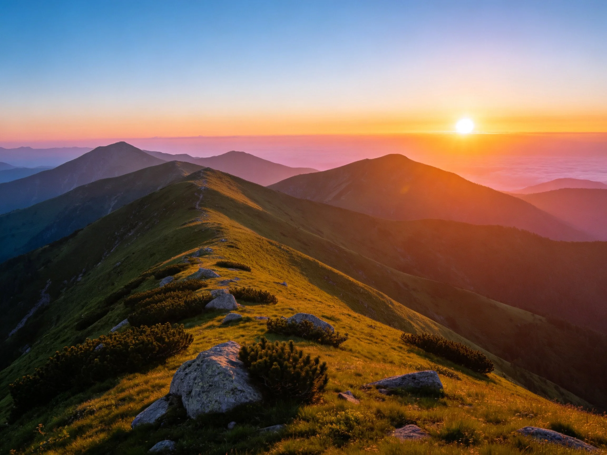 A golden-lit mountain ridge with rocky terrain and sunset hues