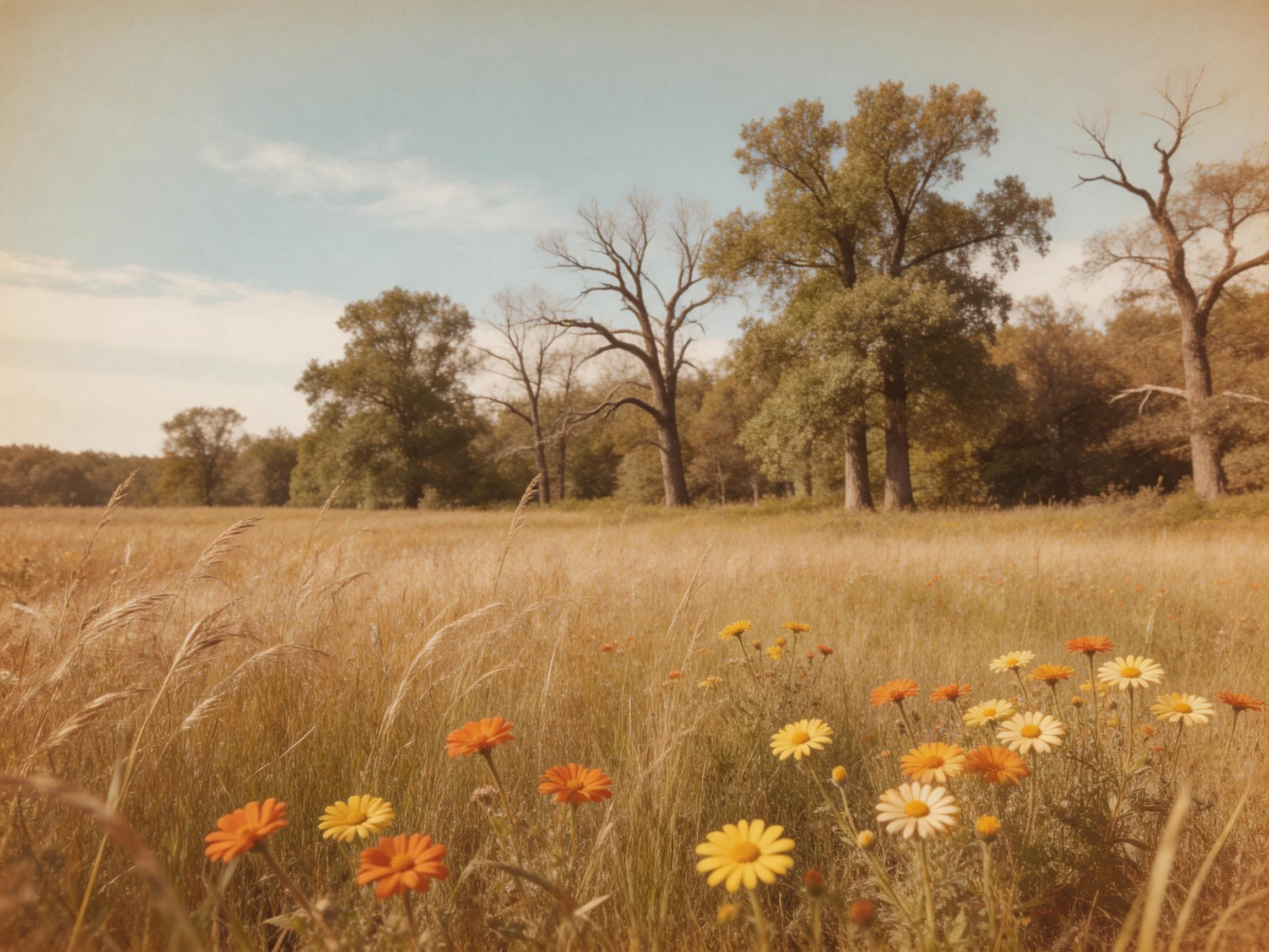 A golden meadow with orange-yellow wildflowers and tall trees