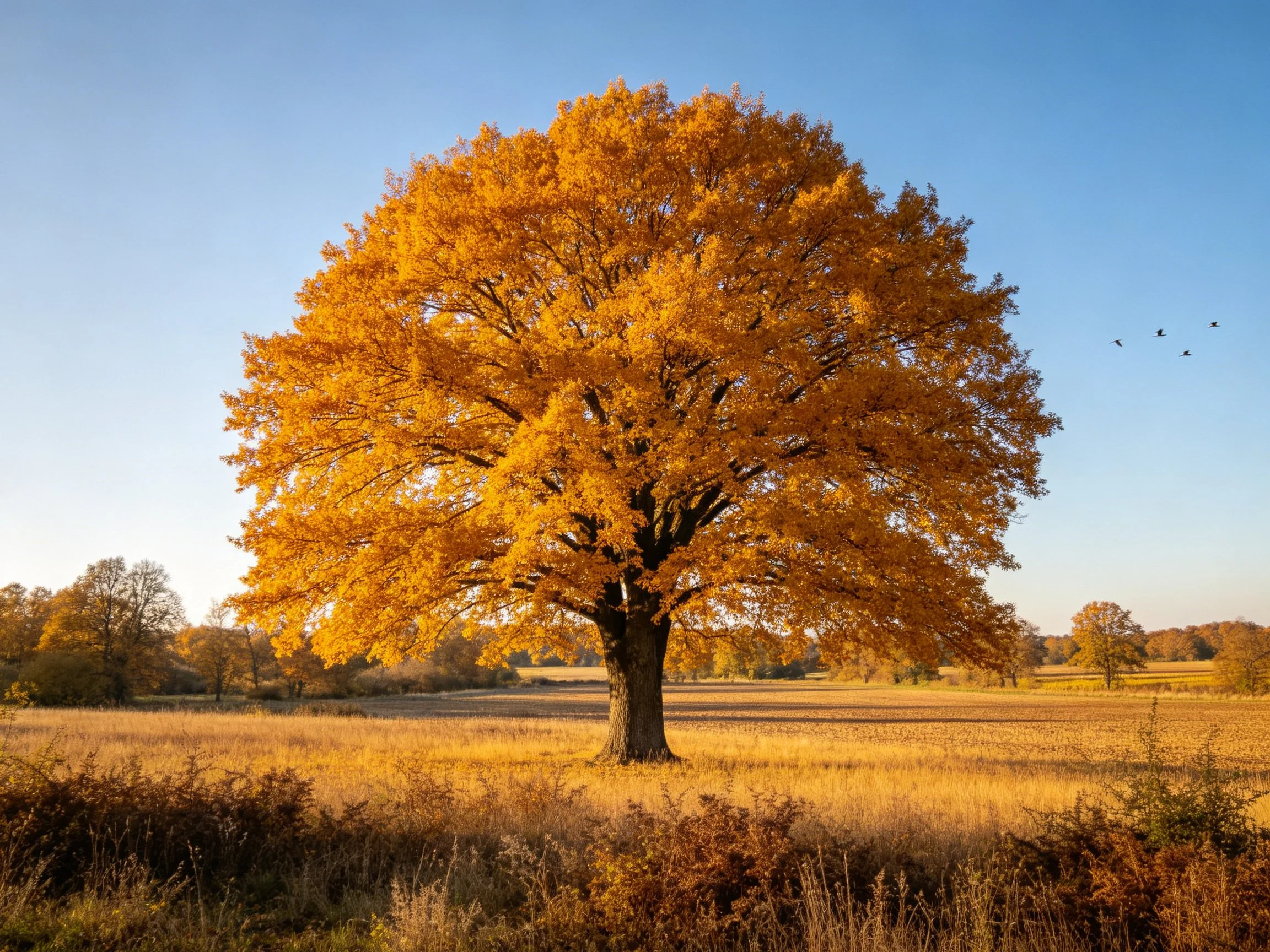 A golden oak stands alone in anautumn field under clear blue sky