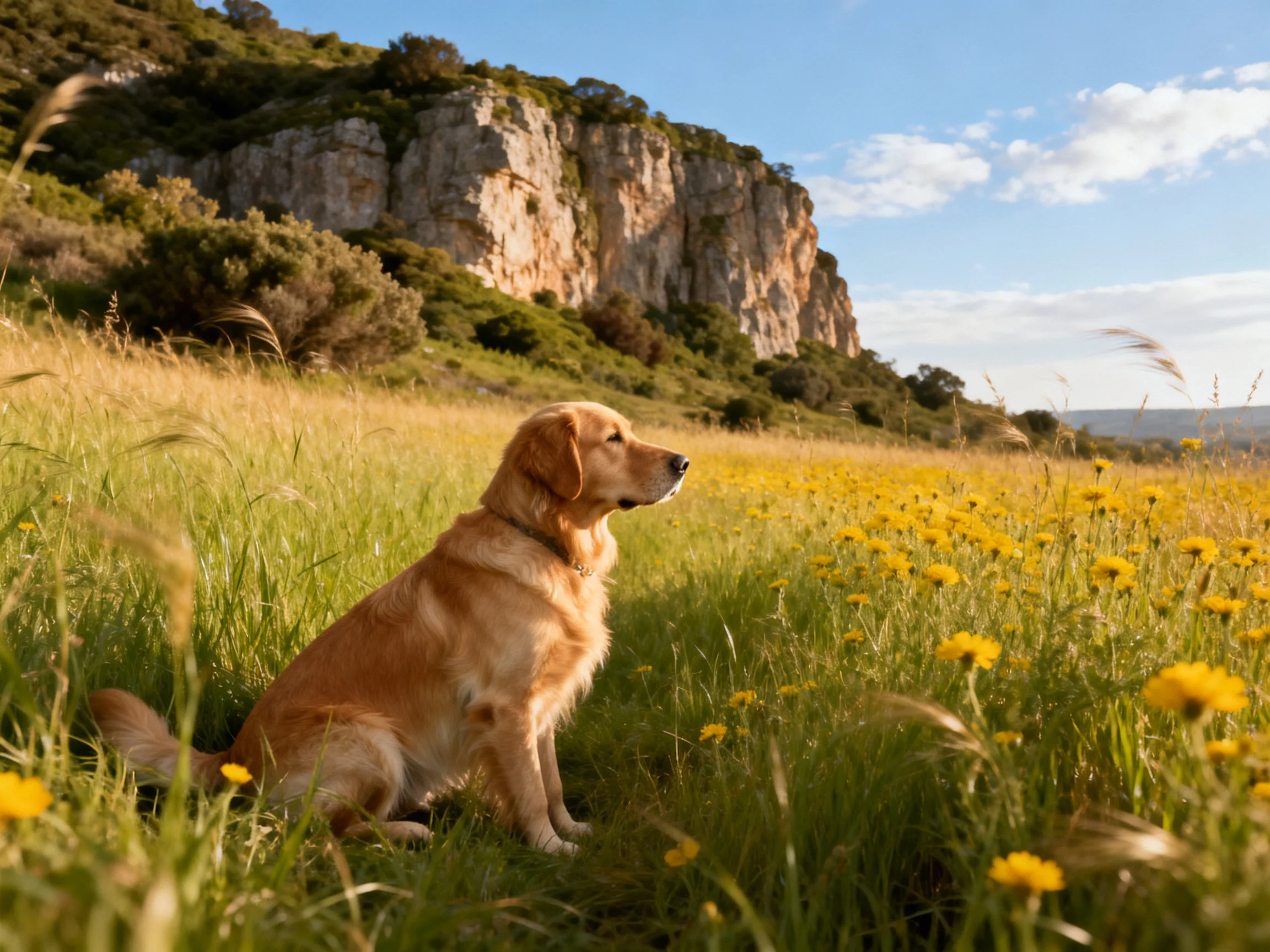 A golden retriever sits in a yellow-flowered meadow near a rocky cliff
