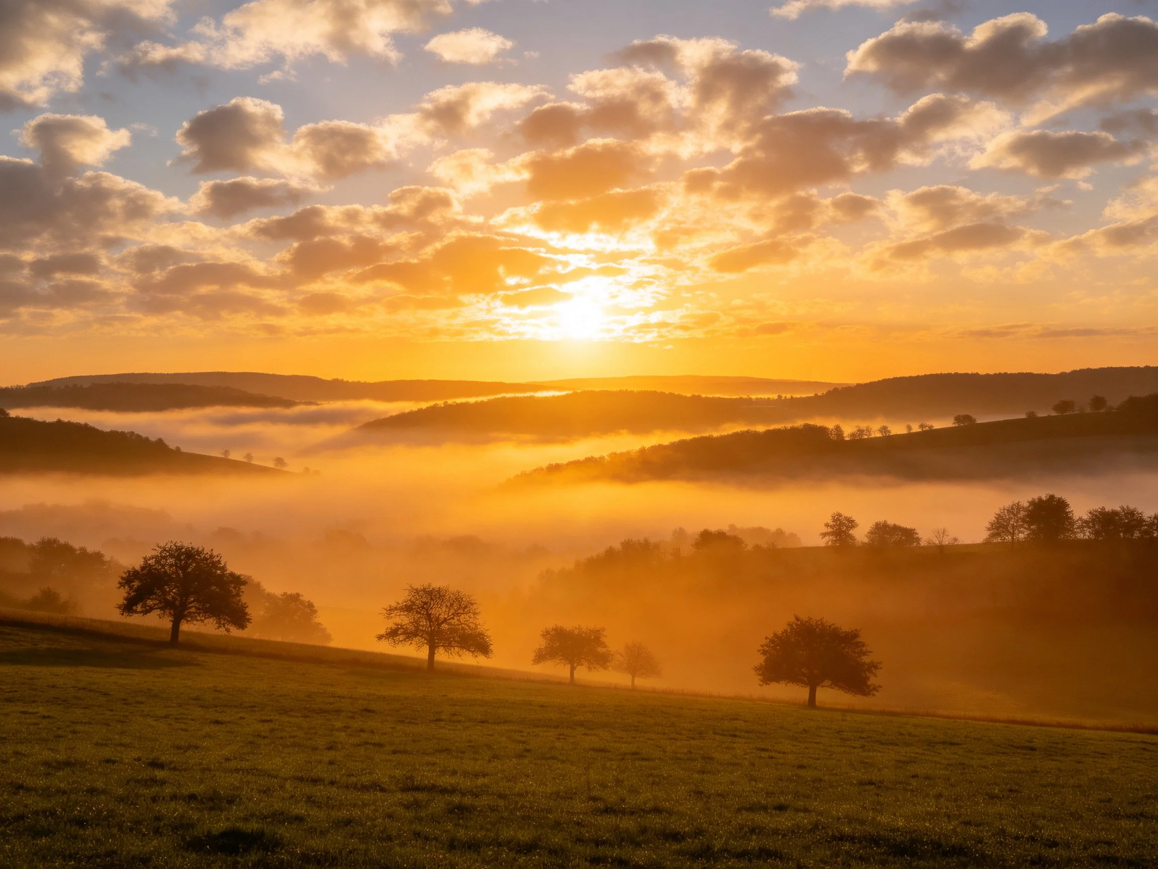 A golden sunrise illuminates misty mountain valley with silhouetted trees