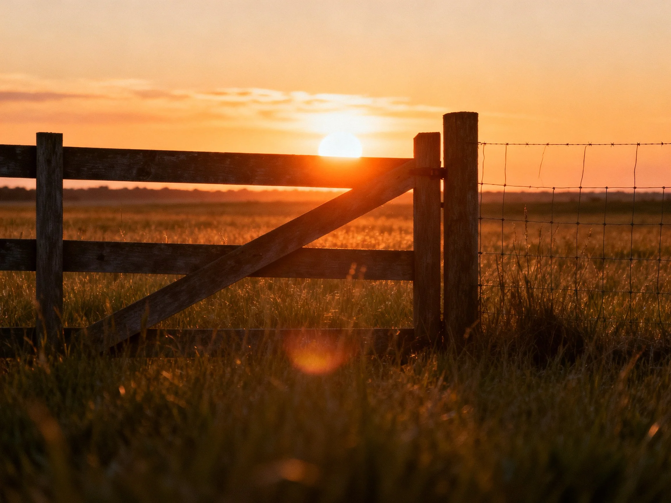 A golden sunset behind a weathered wooden farm gate