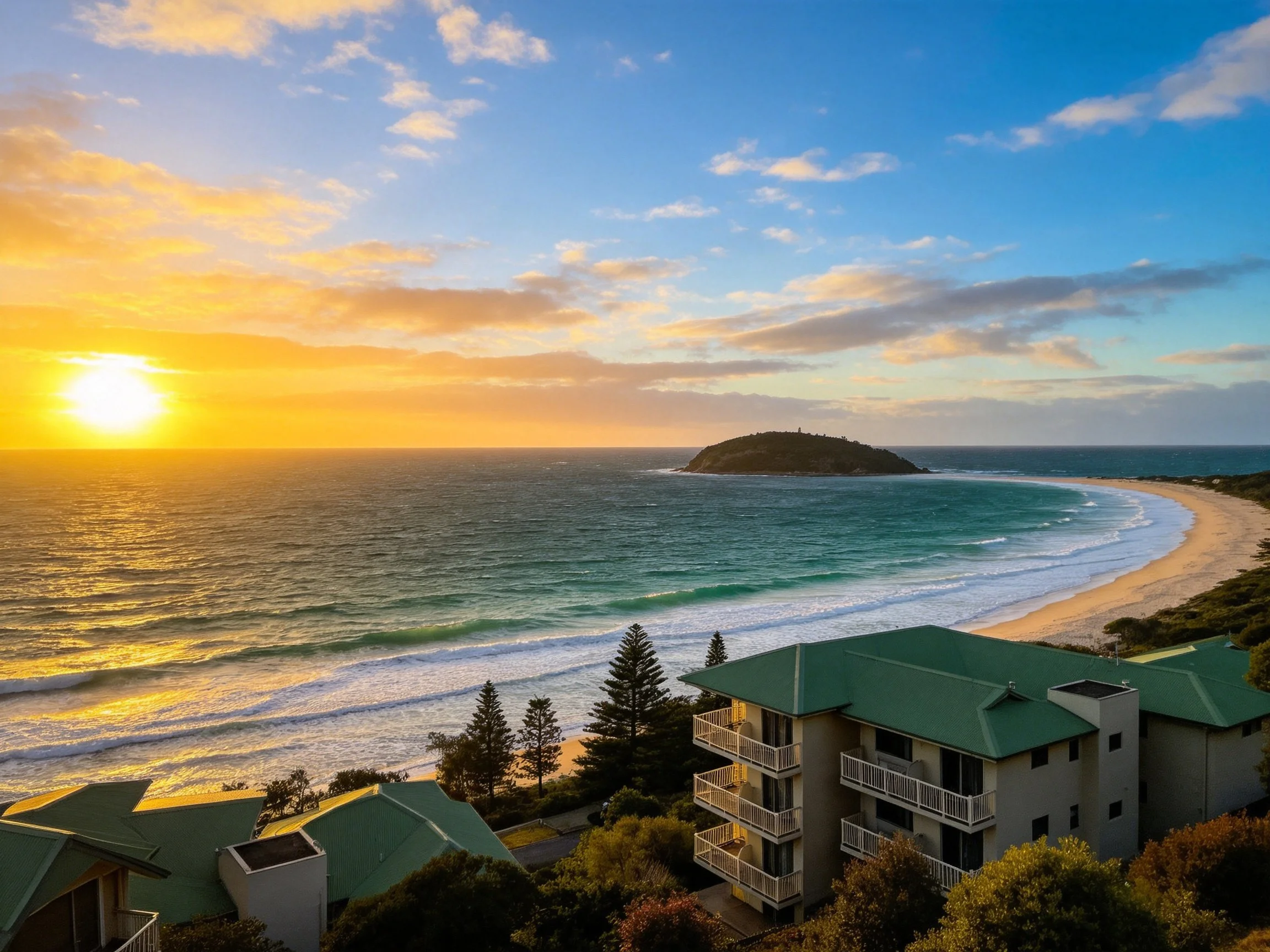 A golden sunset over turquoise waters and sandy coastline
