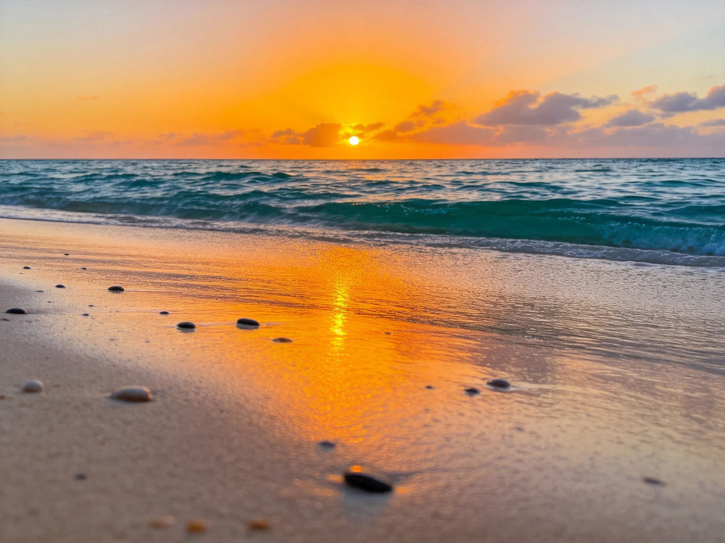 A golden sunset over turquoise waters on a sandy shore