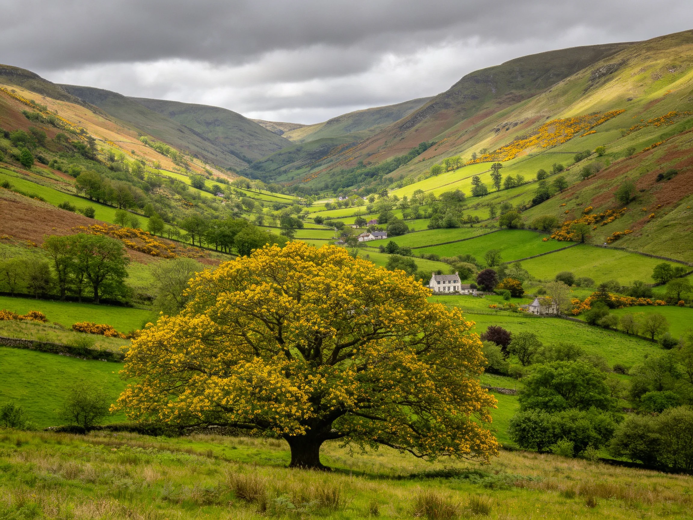 A golden tree amidst lush green valleys and rolling hills