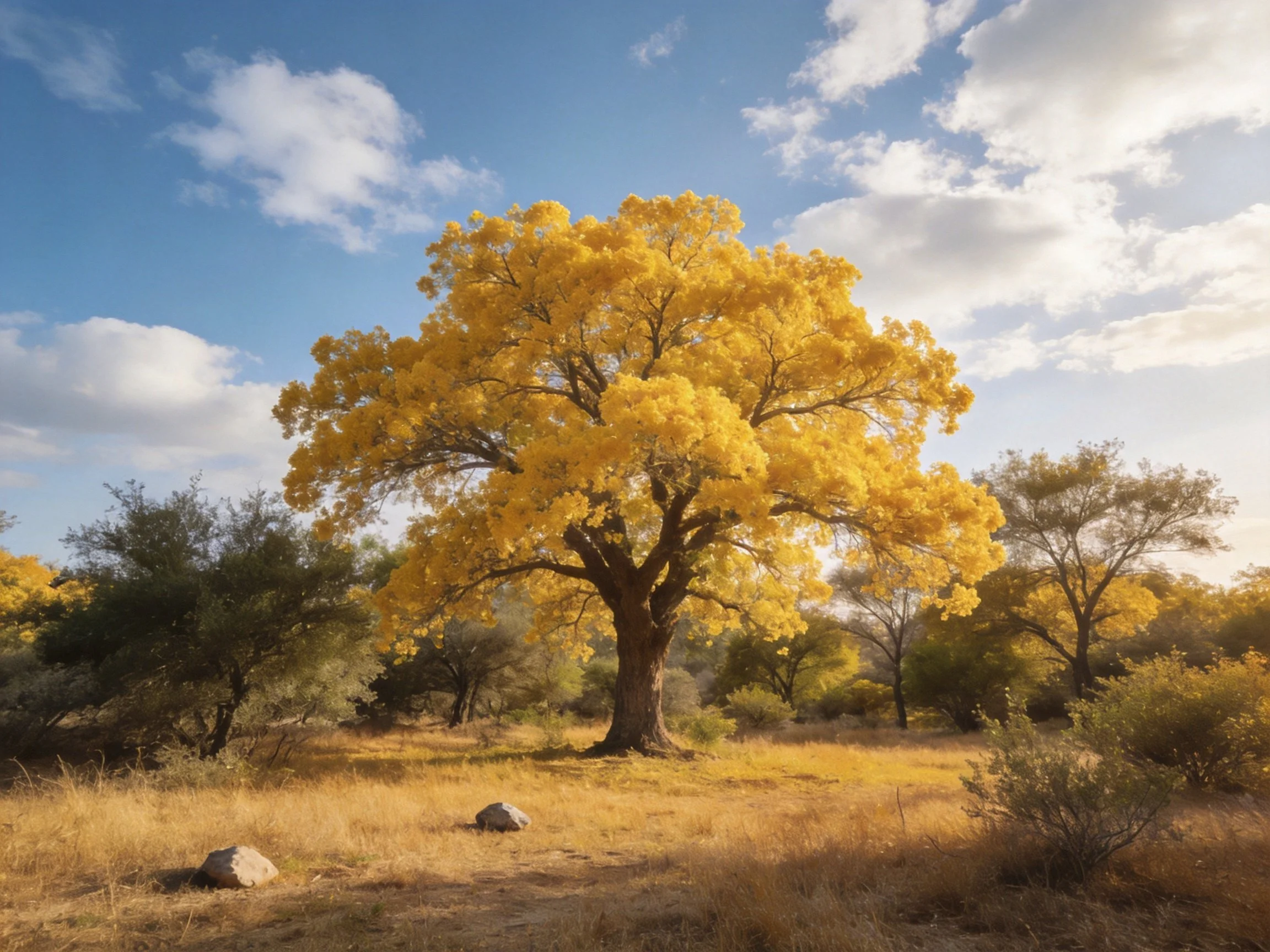 A golden tree centered in a sun-drenched open field with rocks