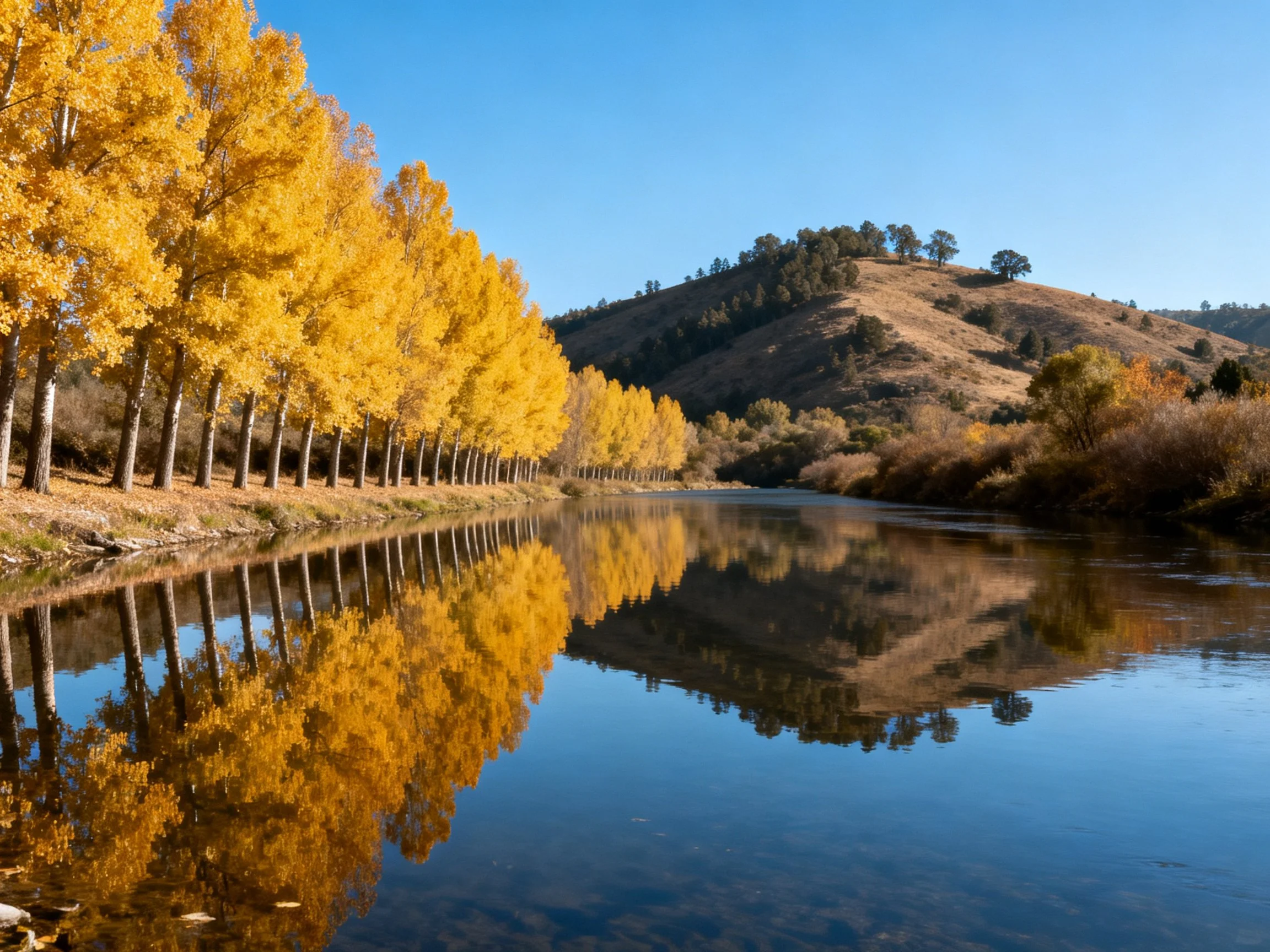 A golden tree-lined river reflecting autumn hills under clear blue sky