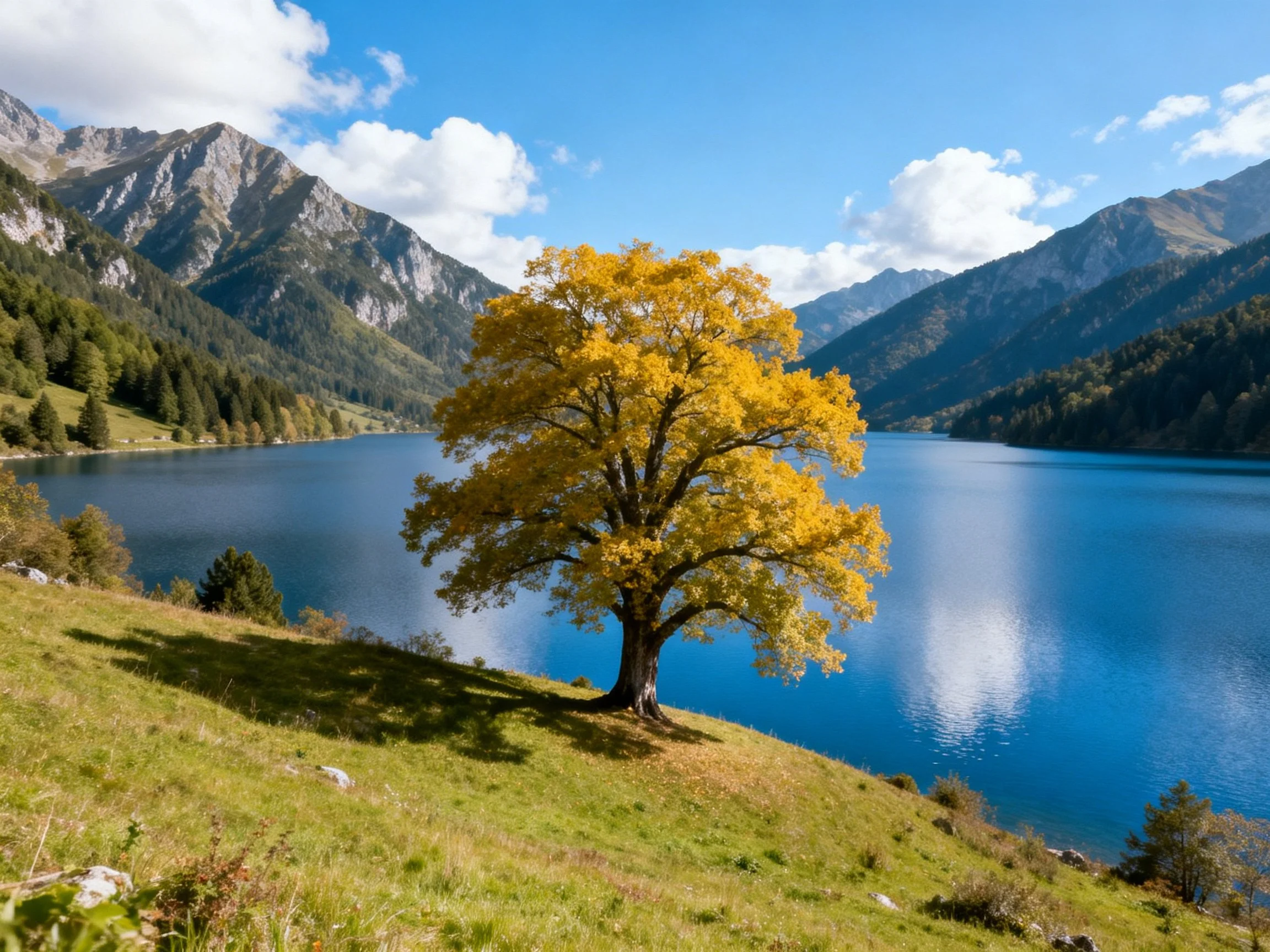 A golden tree stands beside a serene blue mountain lake