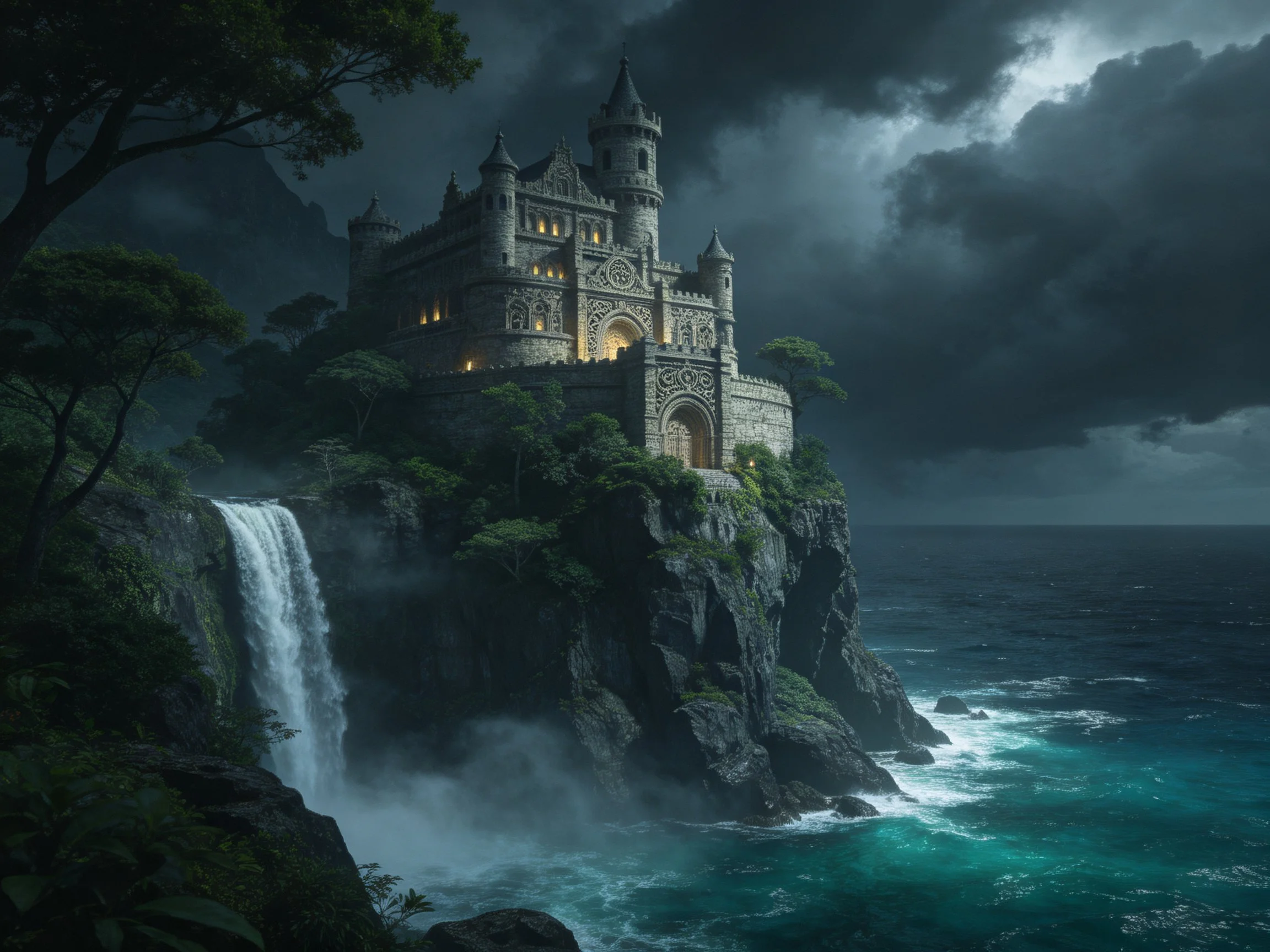 A gothic castle perched atop a stormy coastal cliff with cascading waterfall