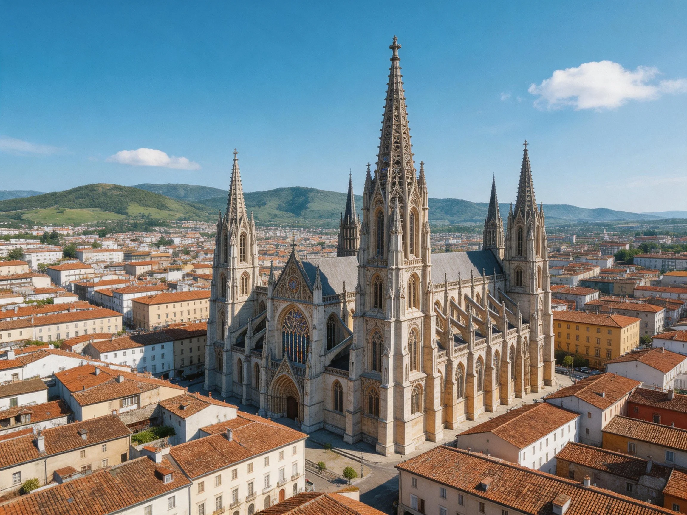 A grand Gothic cathedral with tall spires near red-roofed town and green hills