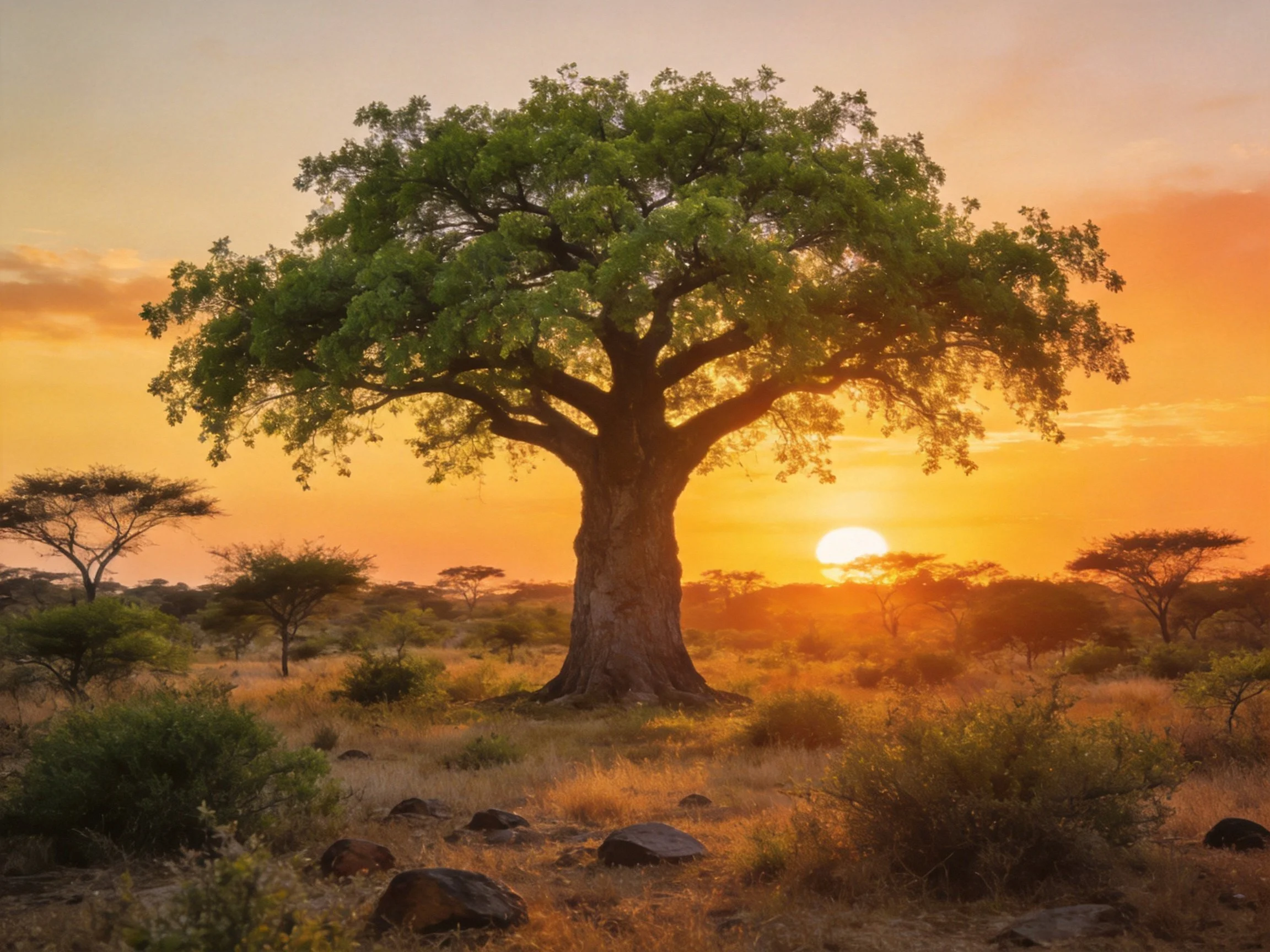 A grand baobab tree in golden savanna at sunset