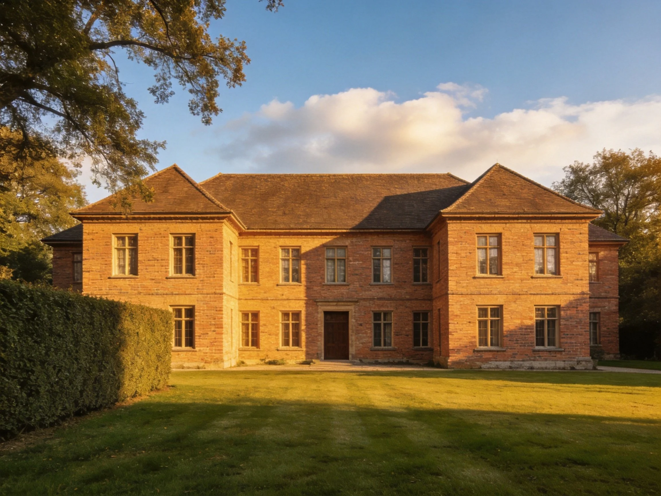 A grand brick mansion with symmetrical windows under golden sunlight