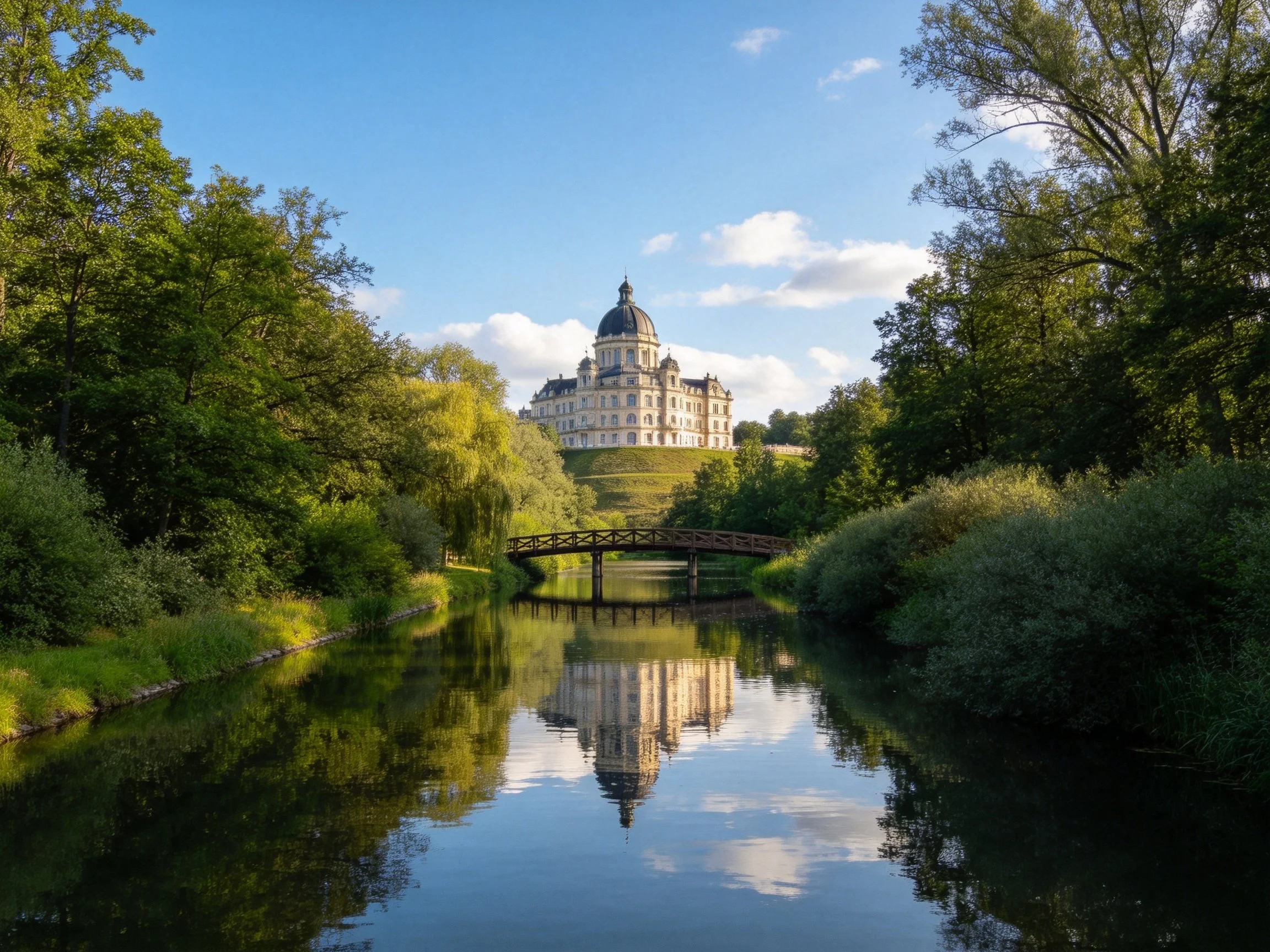 A grand domed mansion overlooks a calm river with lush greenery.