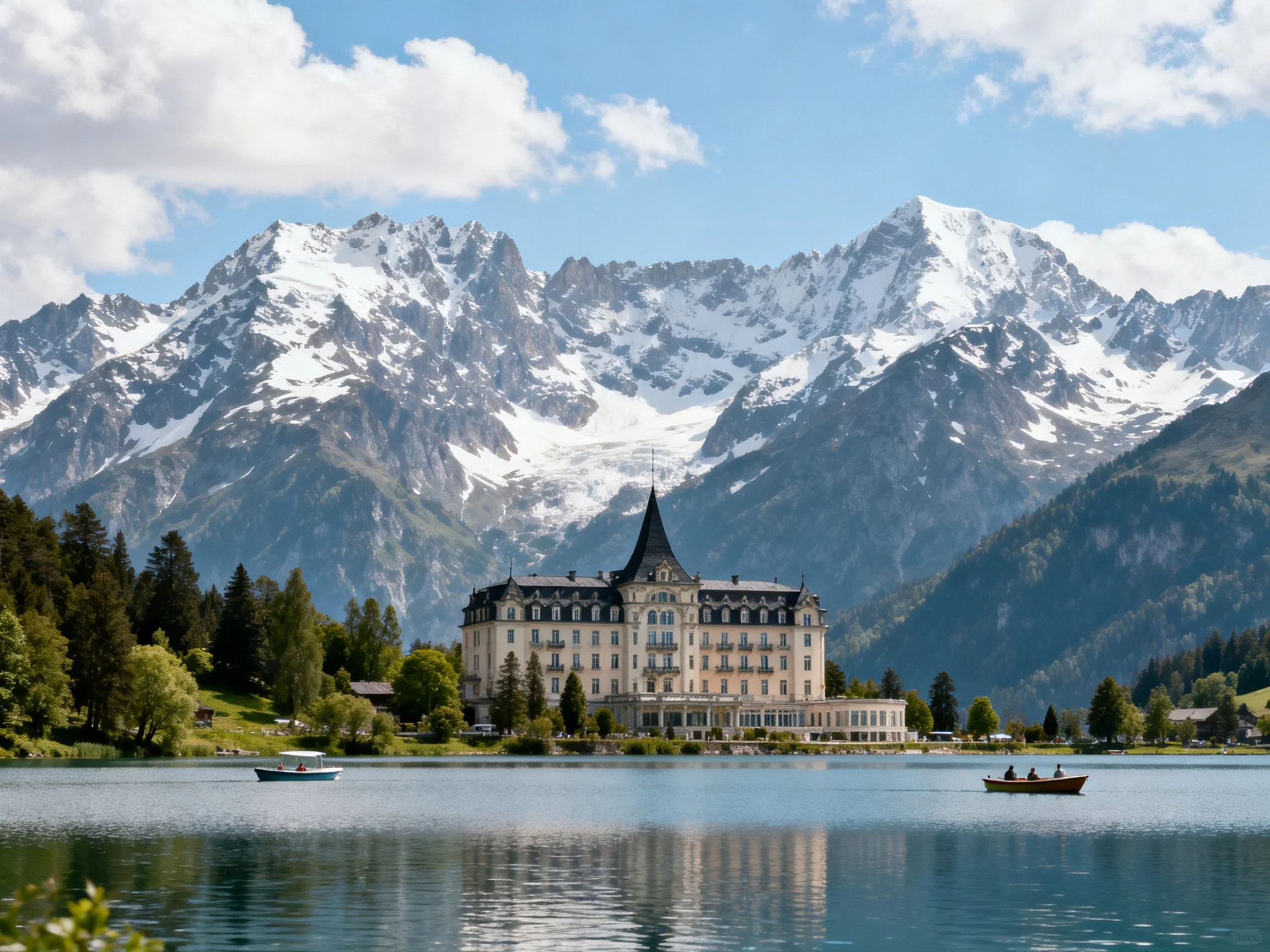 A grand hotel by serene lake with snow-capped mountains