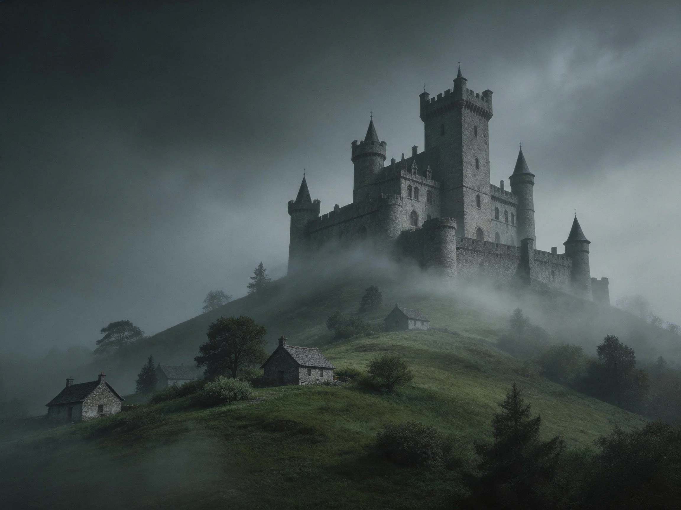 A grand medieval castle atop a misty hill with small cottages