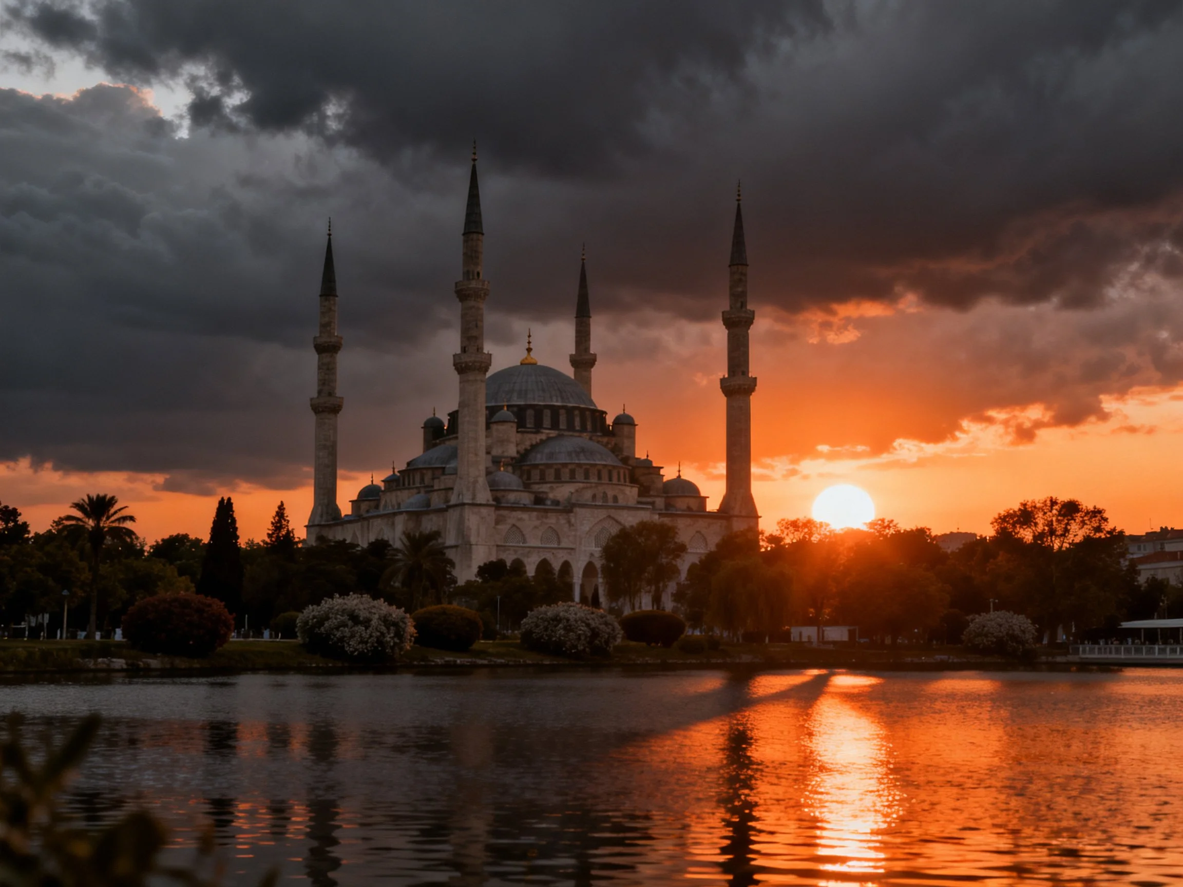 A grand mosque with four minarets beneath dramatic sunset skies