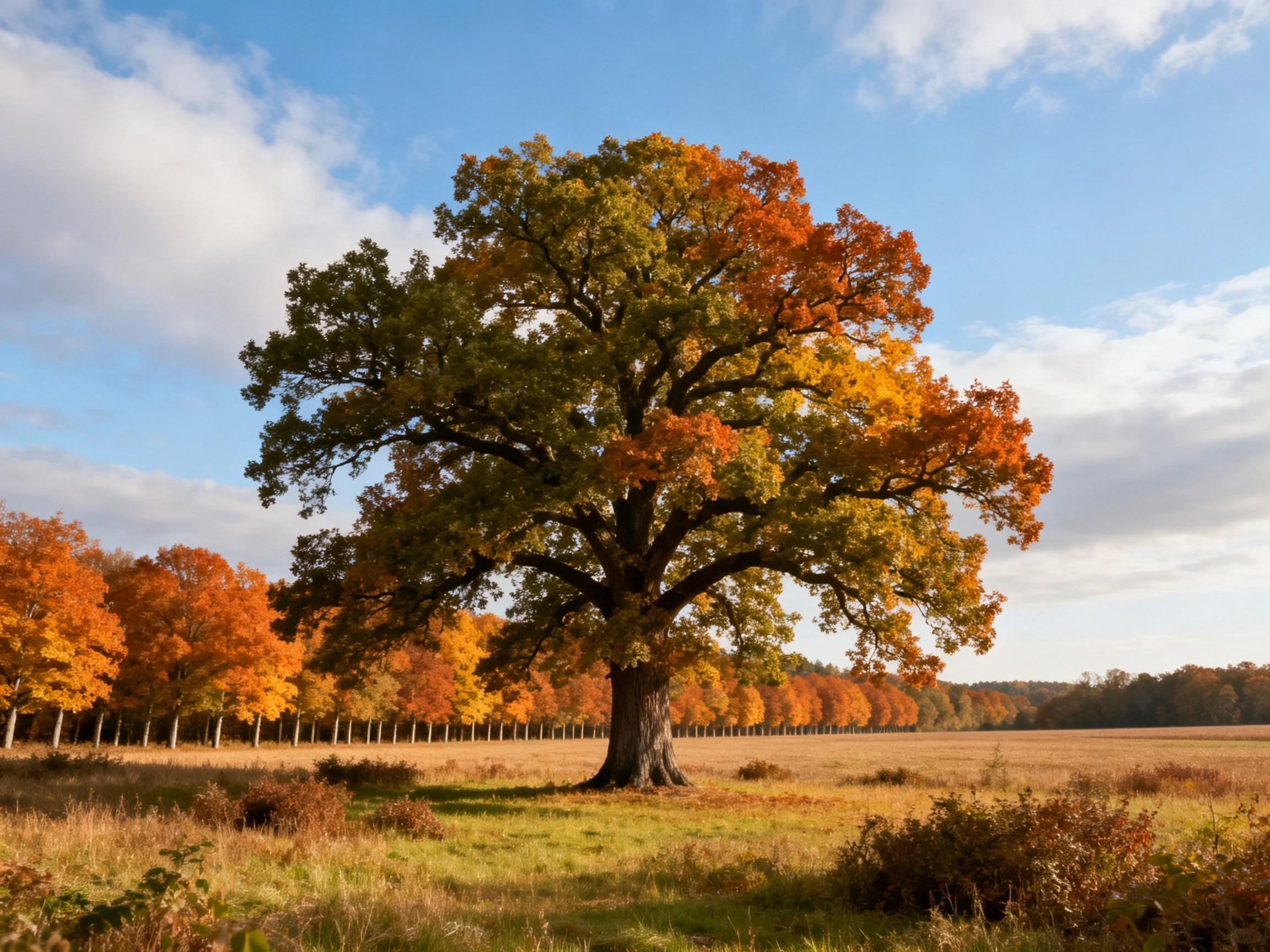 A grand oak tree with mixed autumn colors stands alone in an open field