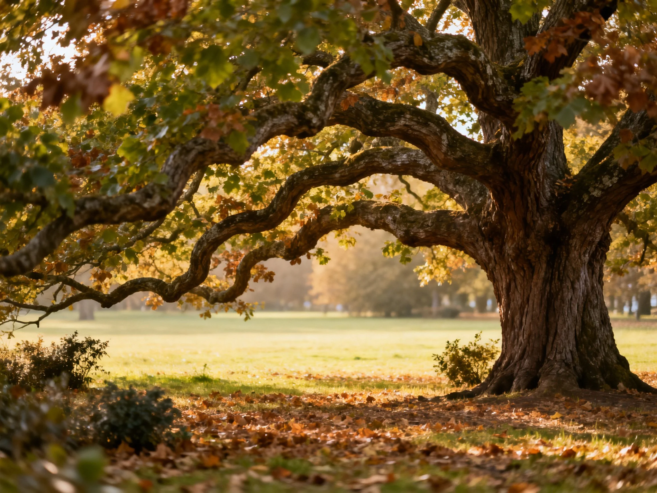A grand old tree with autumn-colored leaves in a sunlit field