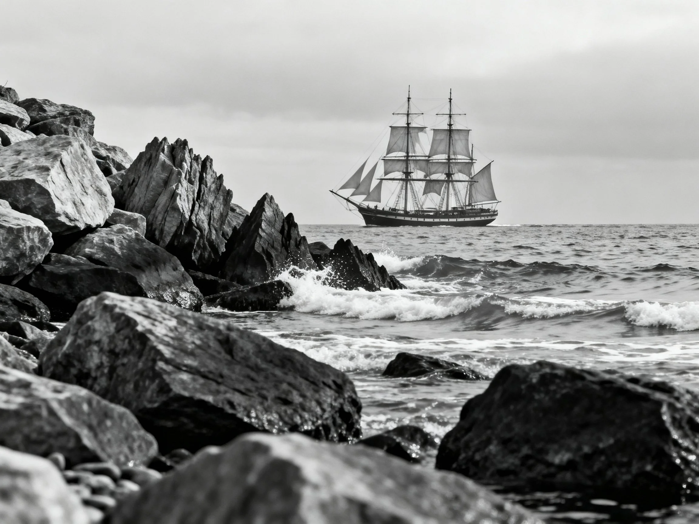 A grand sailing ship near rugged coastal rocks
