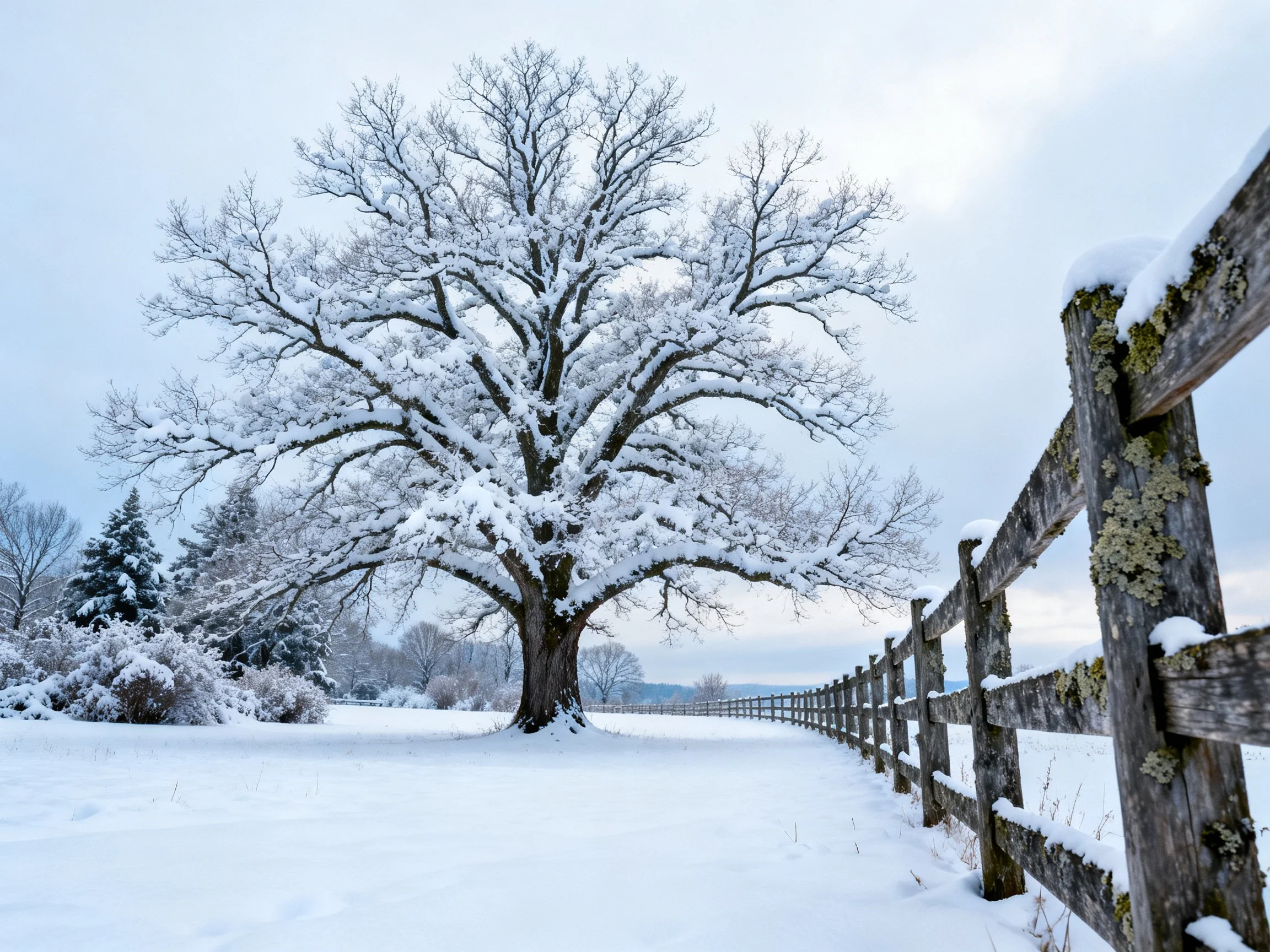 A grand snow-draped oak tree beside an aged wooden fence