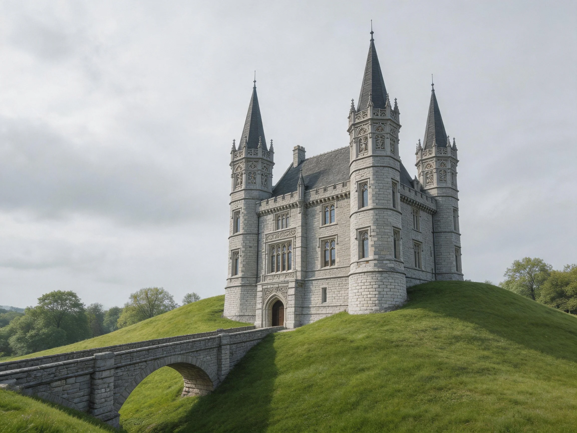 A grand stone castle with spires atop a grassy mound