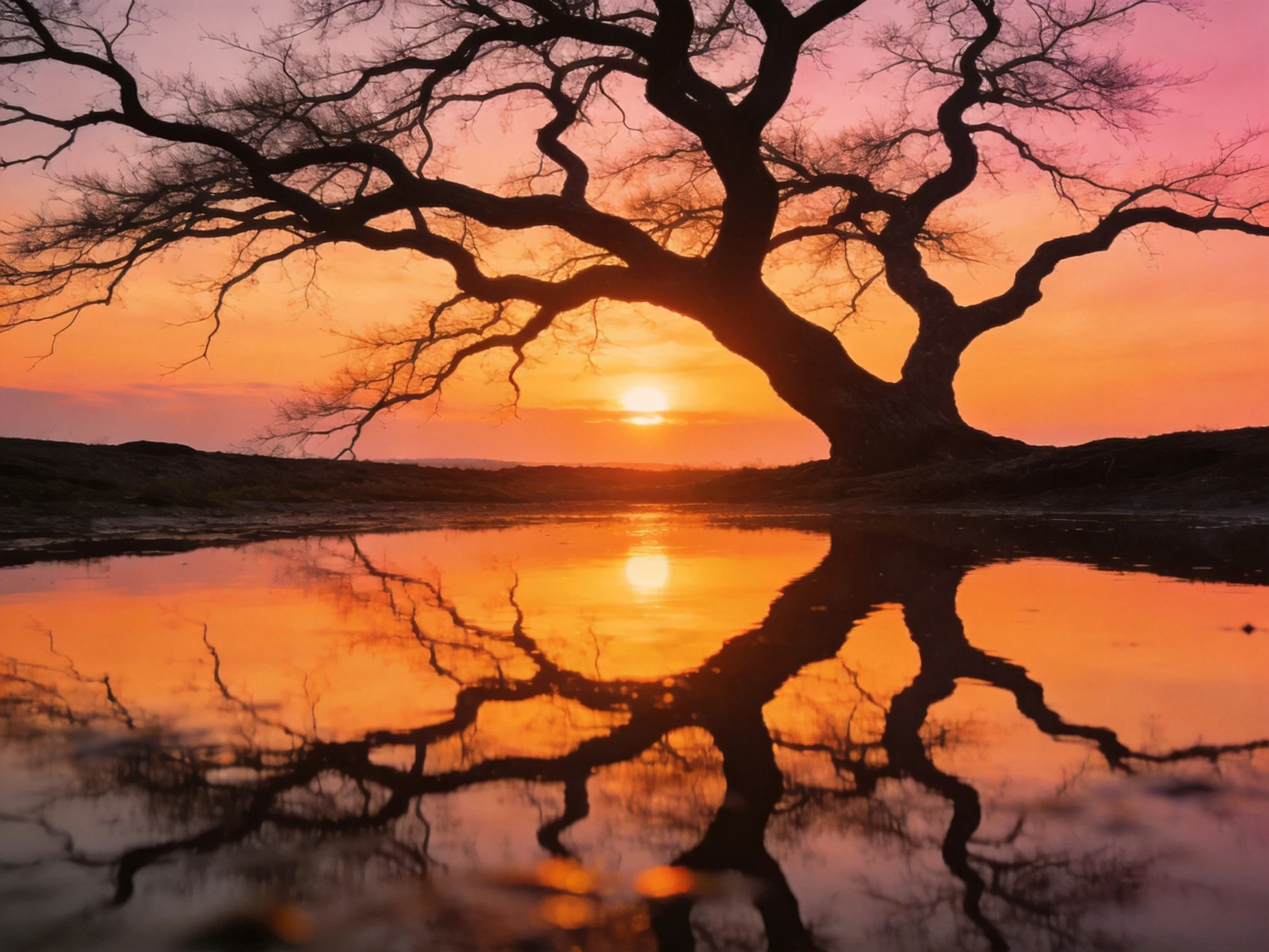 A grand tree silhouetted against a colorful sunset with water reflection