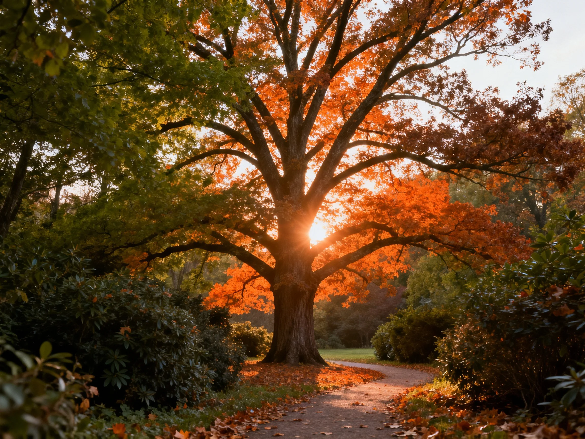 A grand tree with fiery autumn leaves under bright sunlight