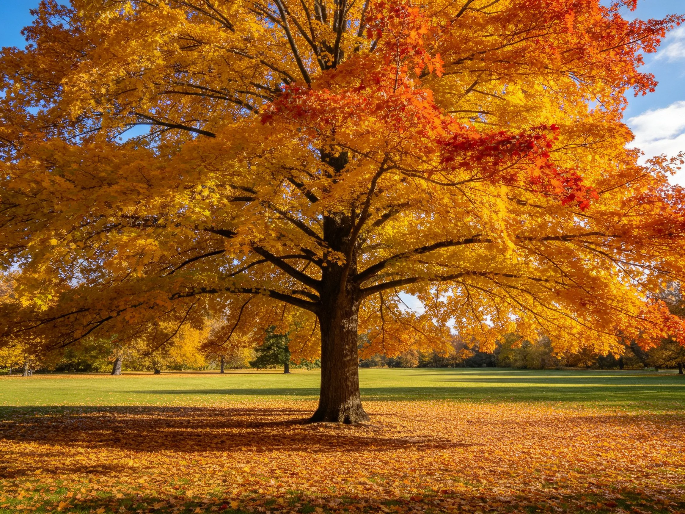 A grand tree with golden-orange autumn leaves in a sunlit park