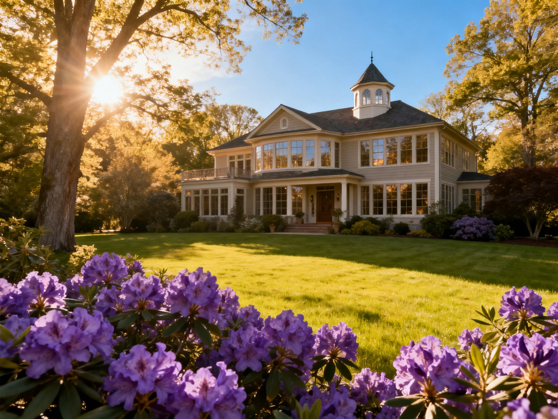 A grand two-story home with vibrant purple flowers and lush green lawn