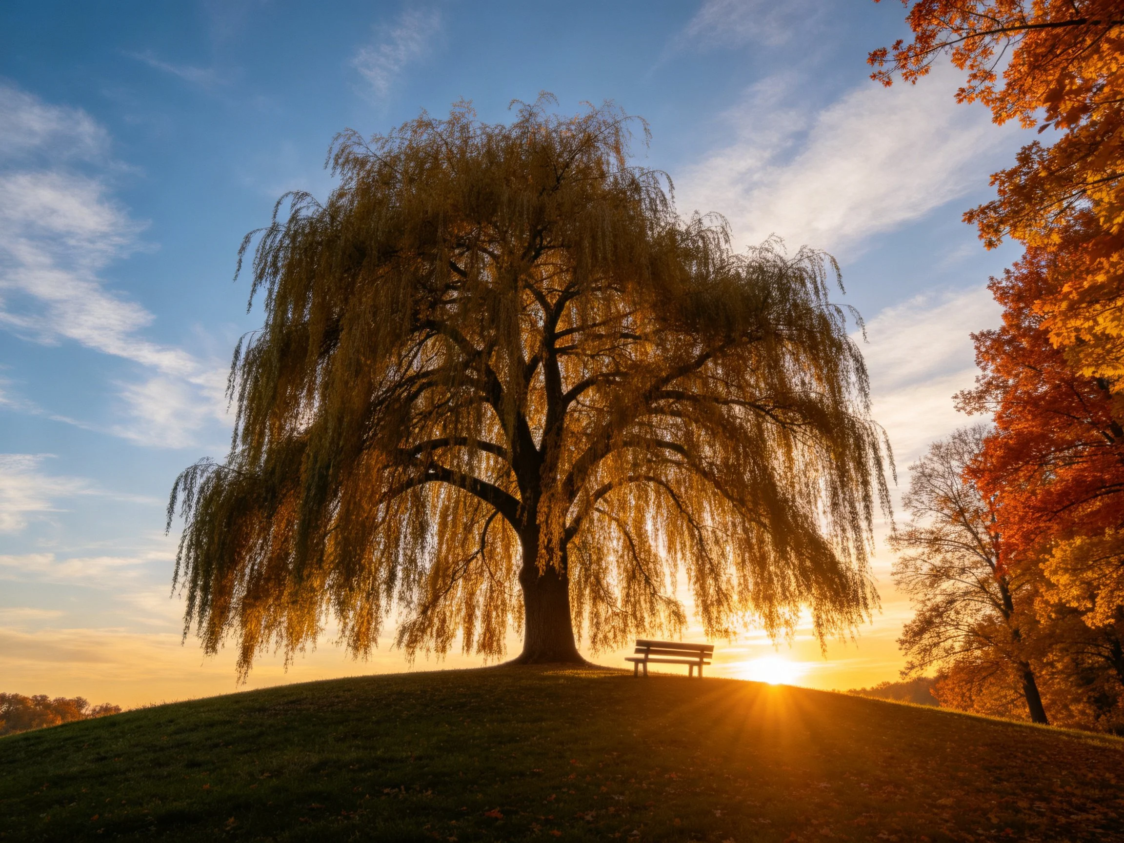 A grand weeping willow tree on a grassy hill at sunset