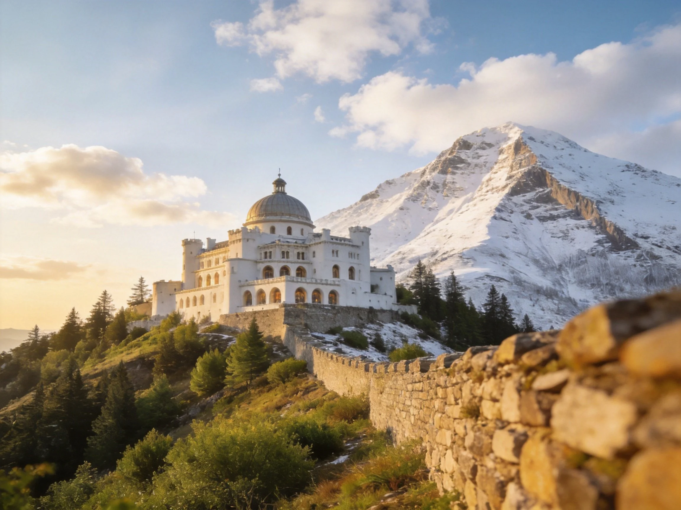 A grand white building on a hillside near a snow-capped mountain