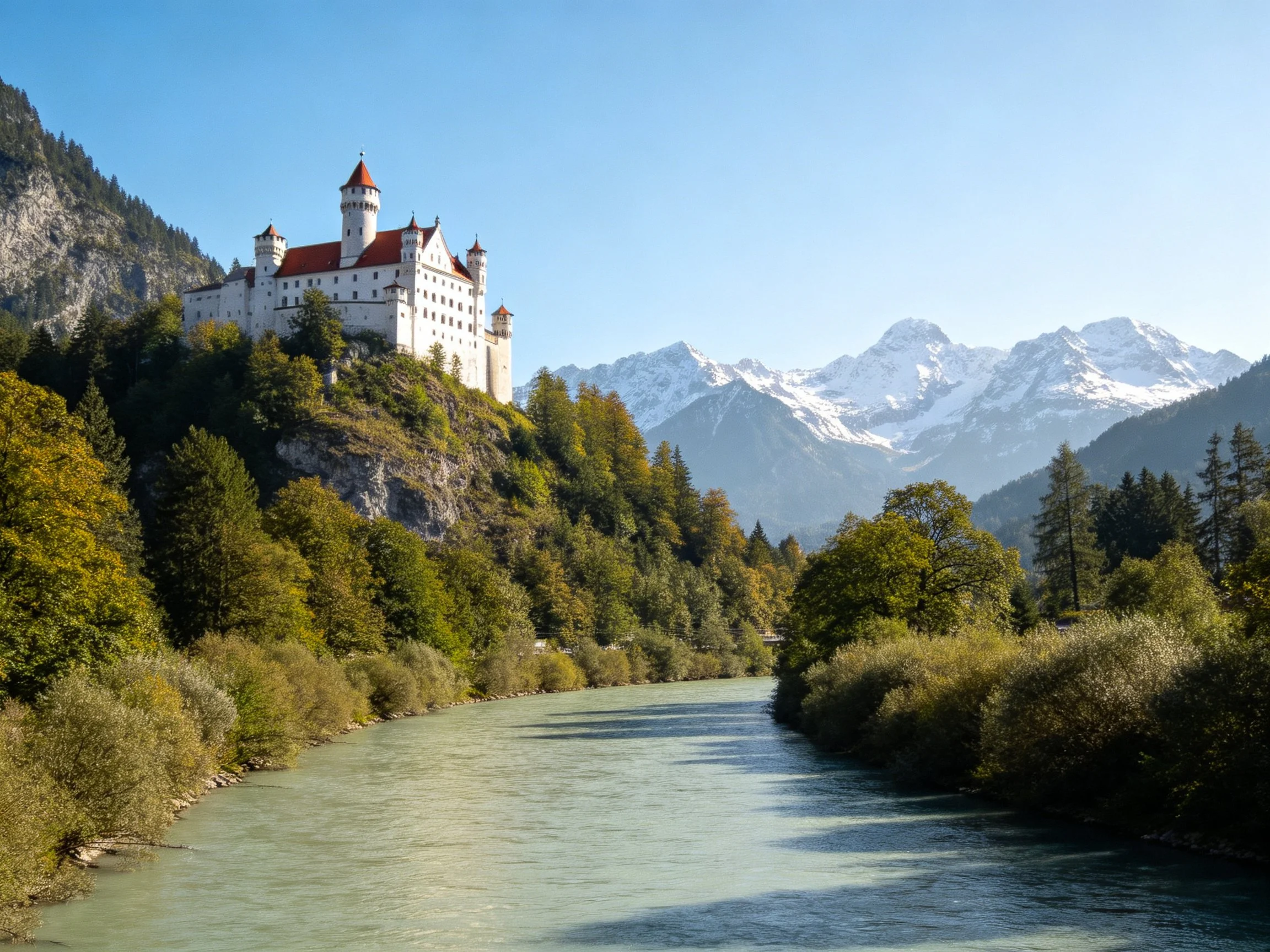 A grand white castle atop forested cliff by winding river