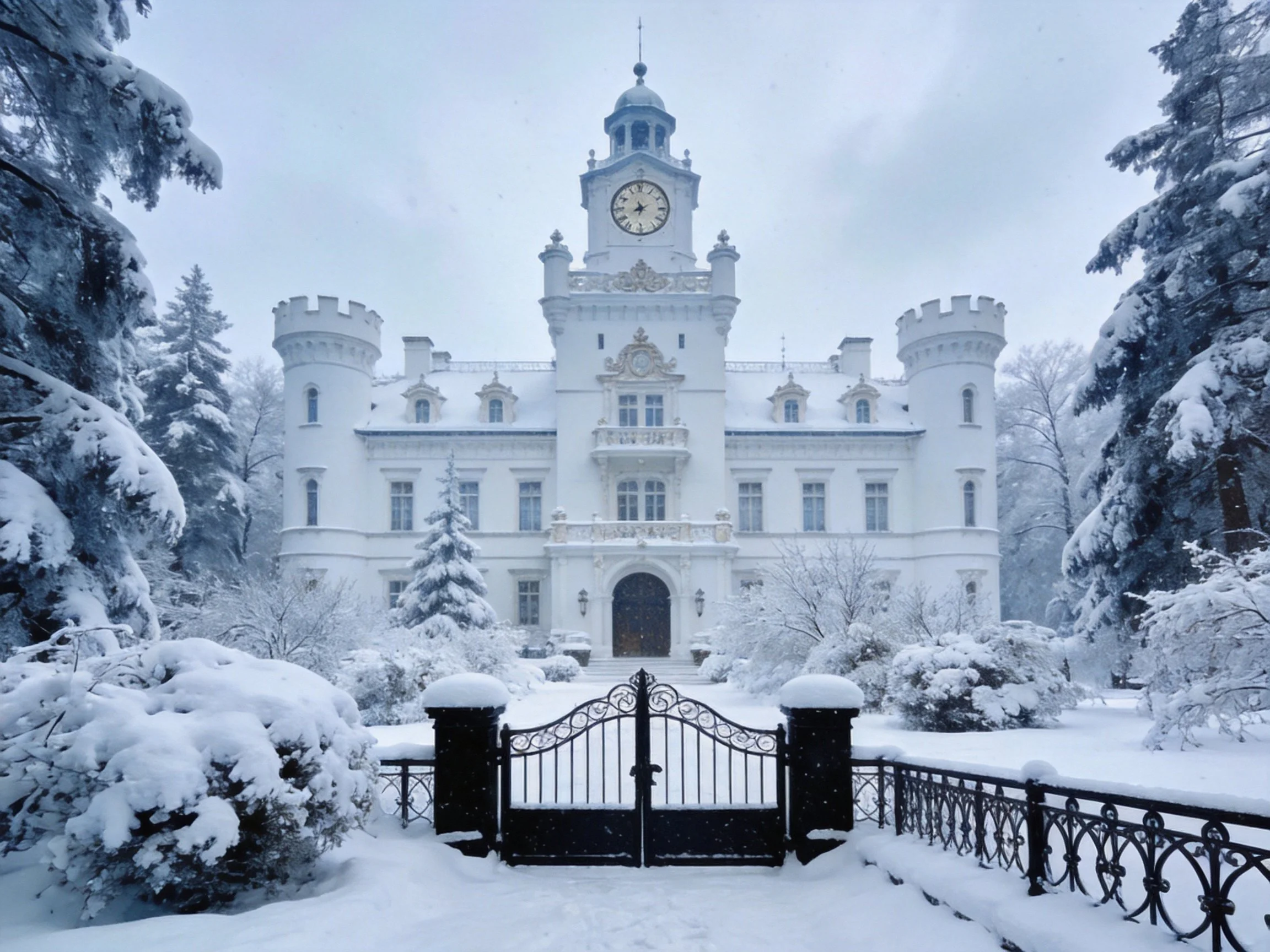 A grand white castle surrounded by snowy evergreens