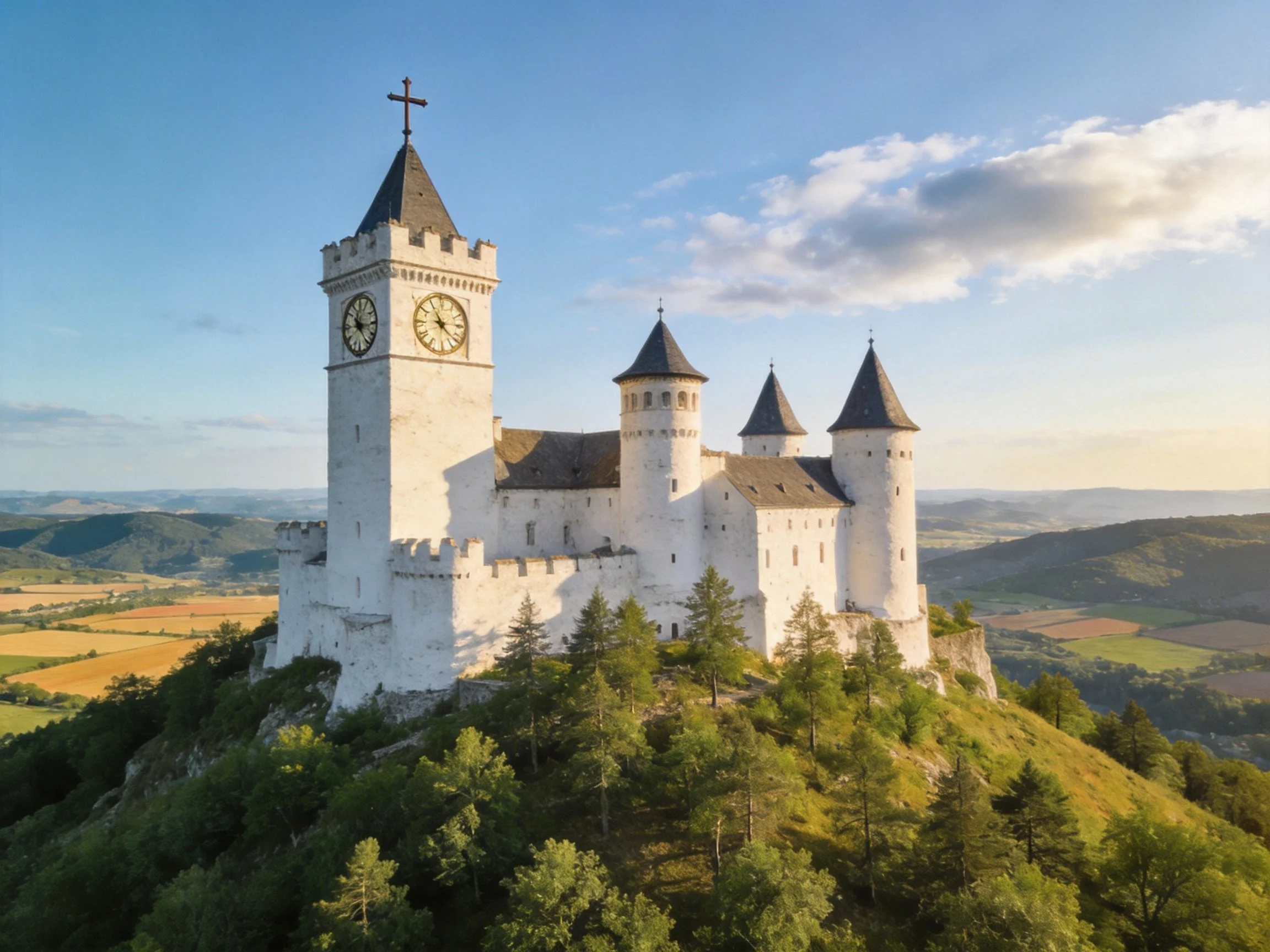 A grand white castle with clock tower overlooks rolling countryside