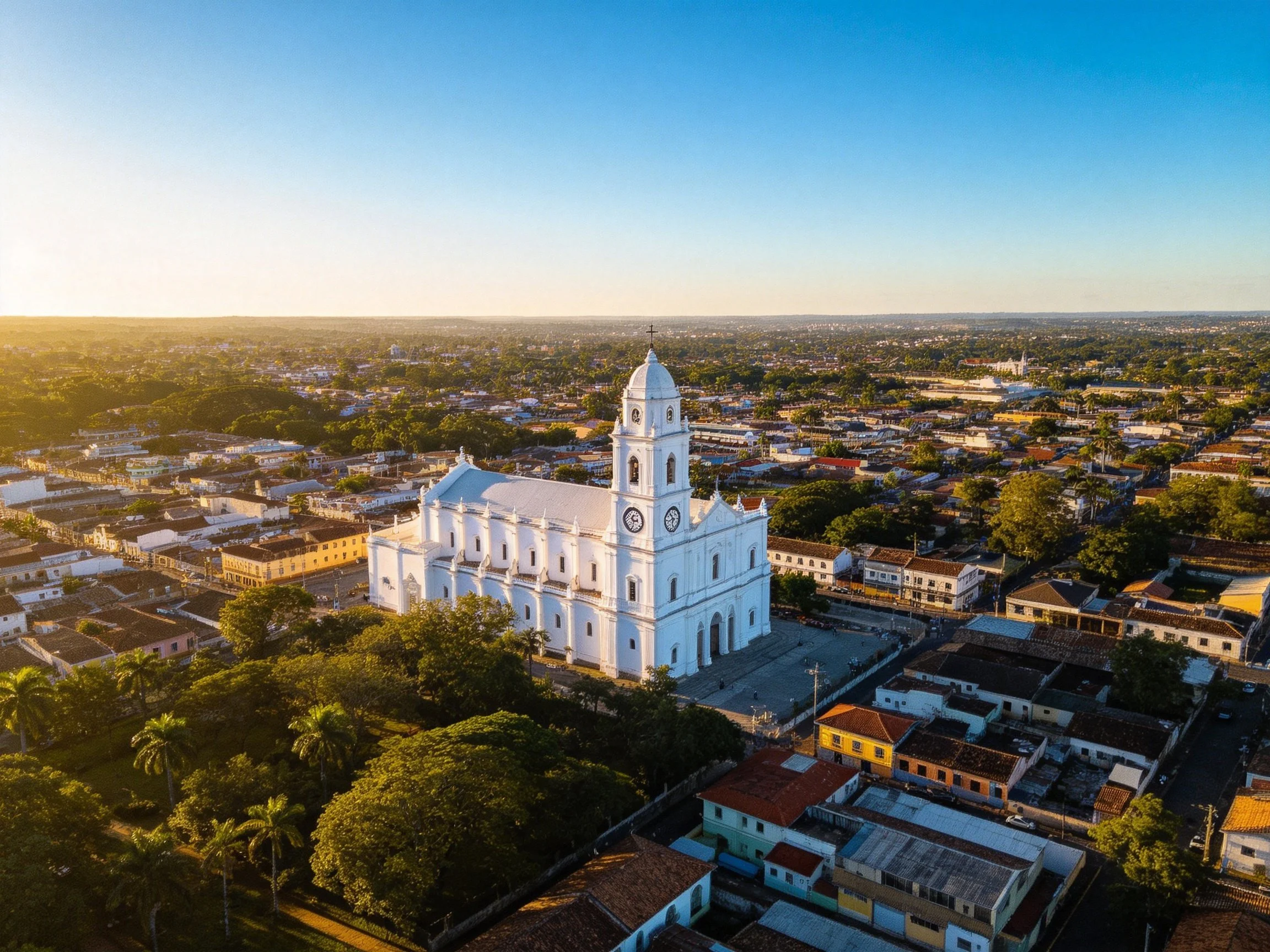 A grand white cathedral with clock tower in sunlit town