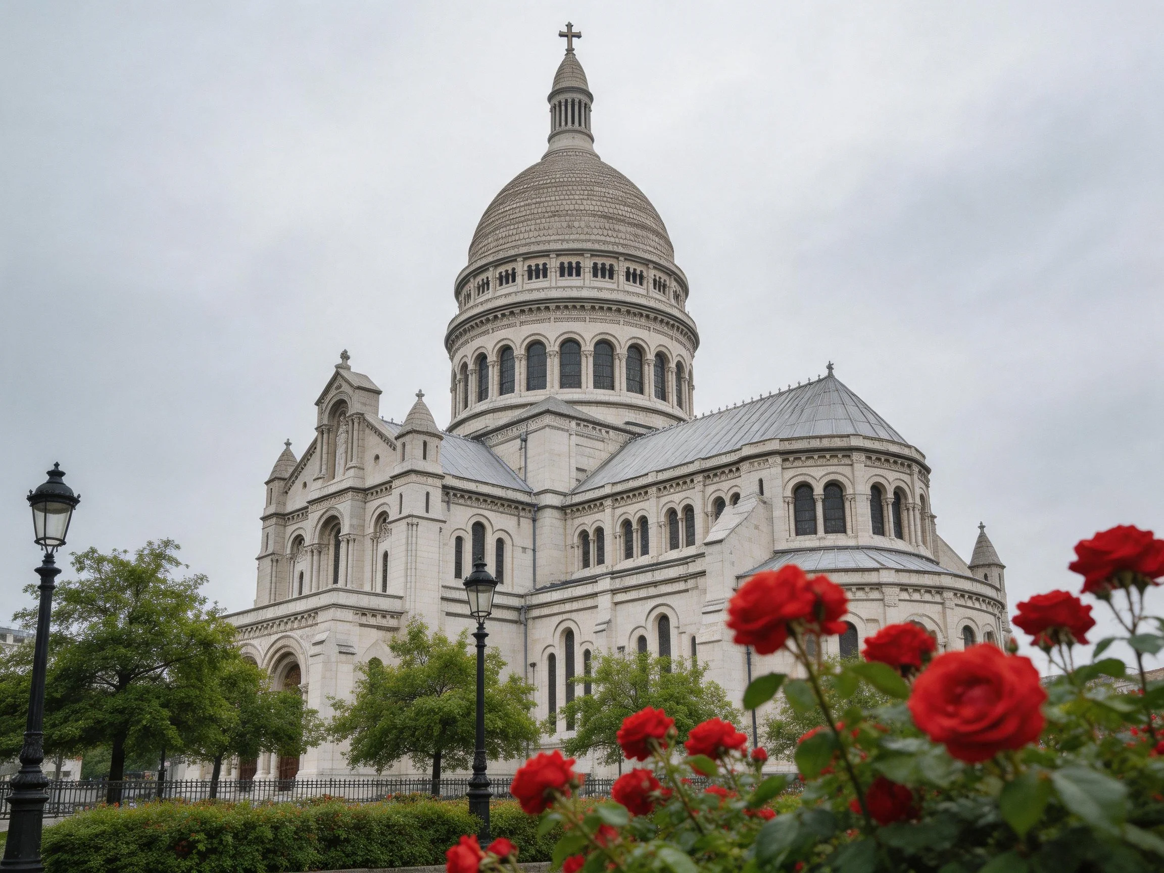 A grand white cathedral with vibrant red roses and green trees