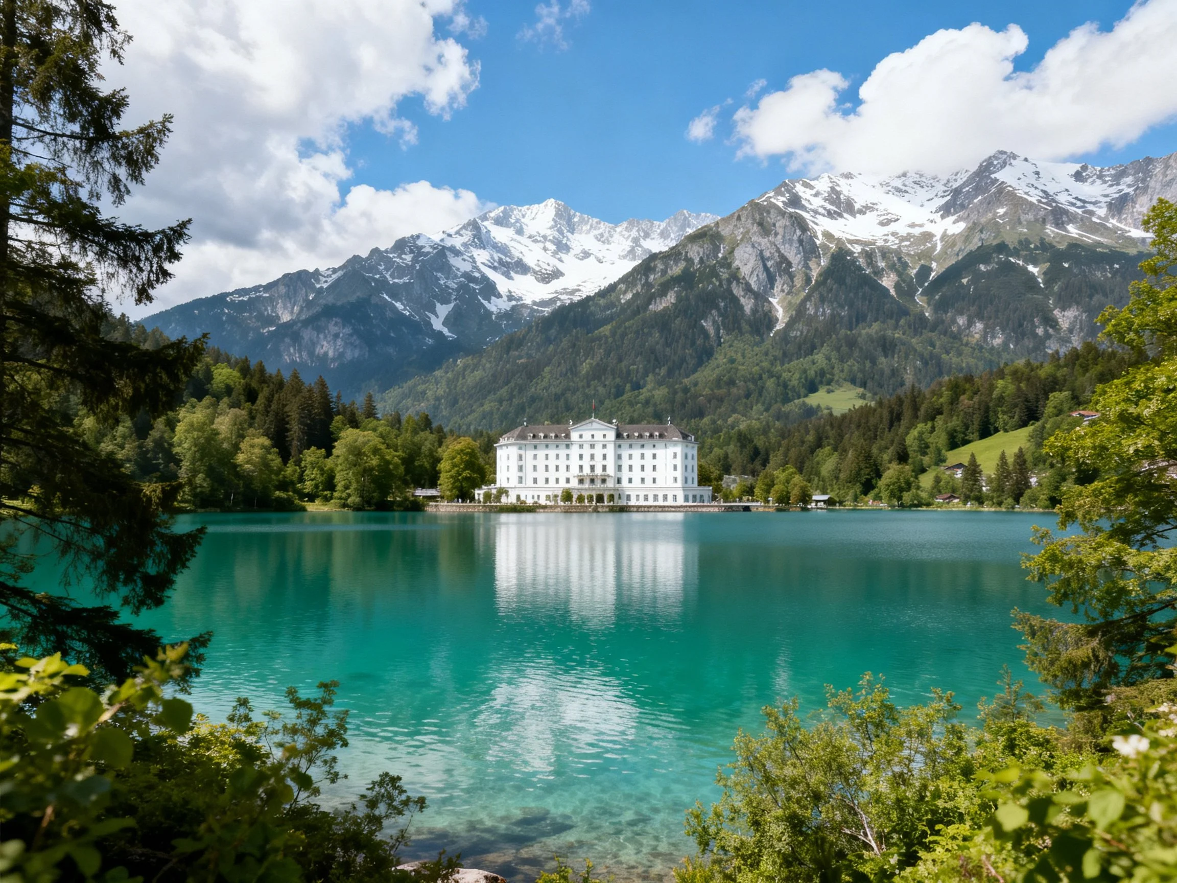 A grand white hotel by a turquoise lake with snow-capped mountains