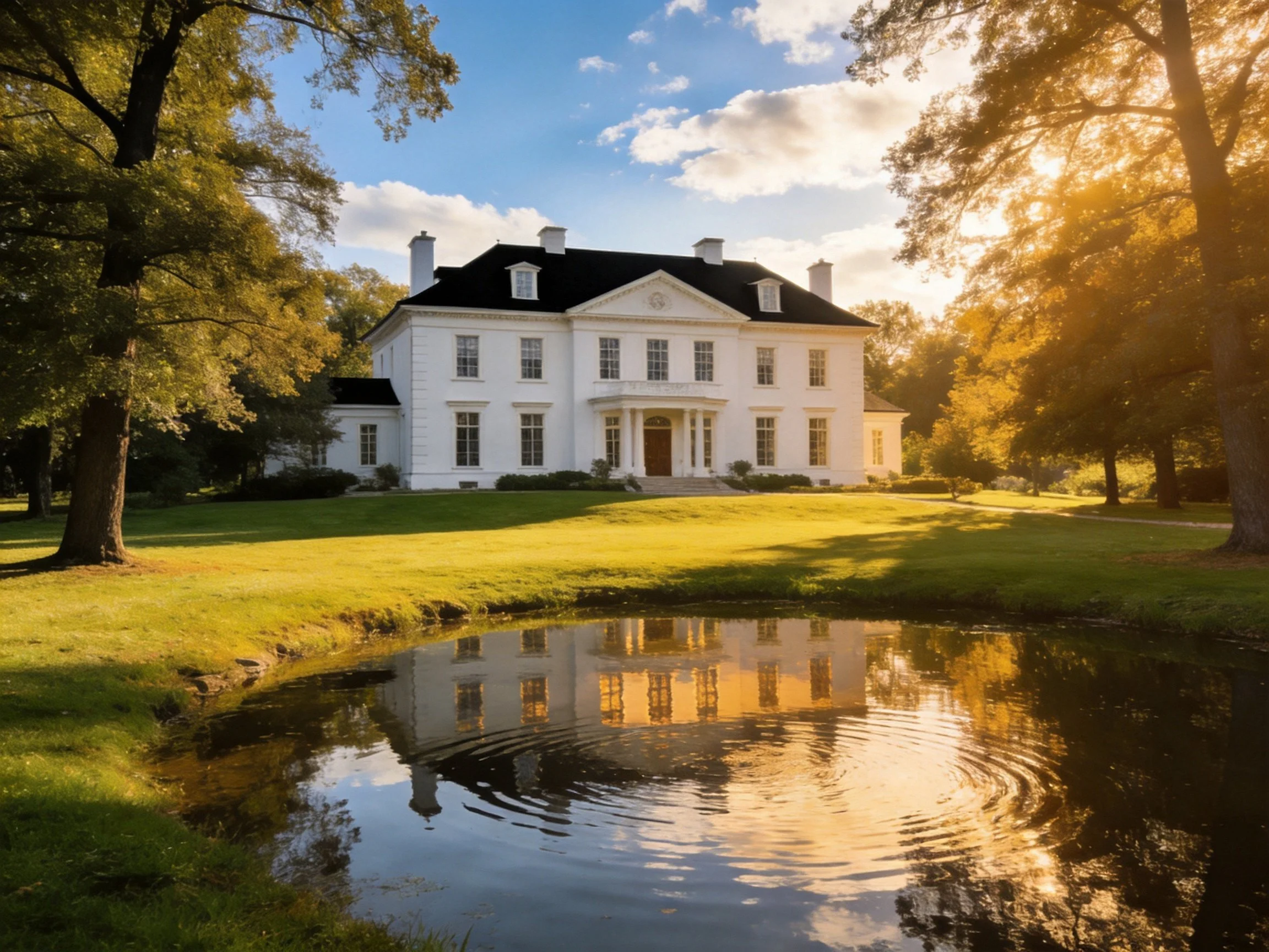 A grand white mansion beside a reflective pond under golden sunlight