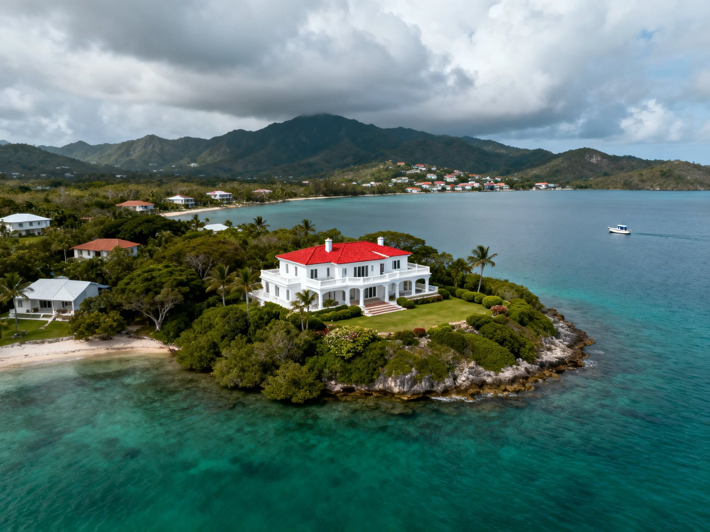 A grand white mansion with red roof on a secluded coastal island