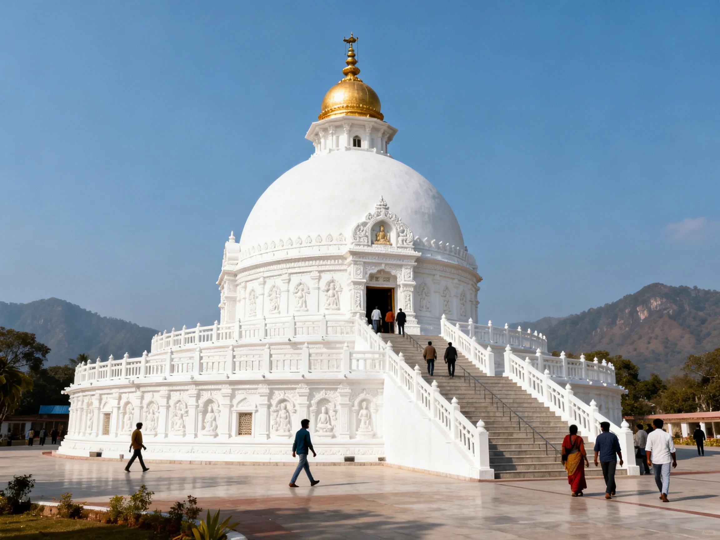A grand white temple with a golden dome and visitors