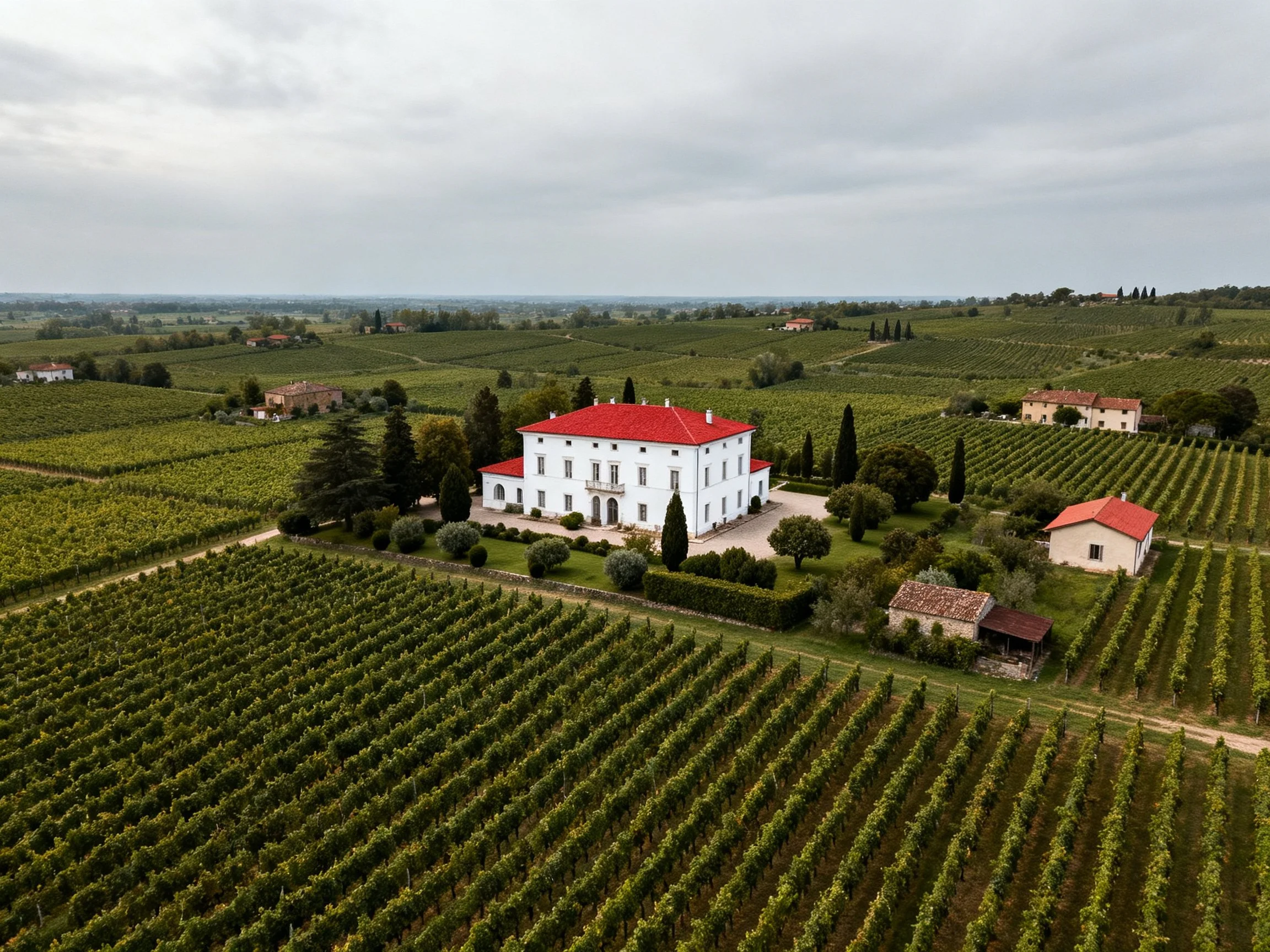 A grand white villa with red roofs surrounded by extensive vineyards
