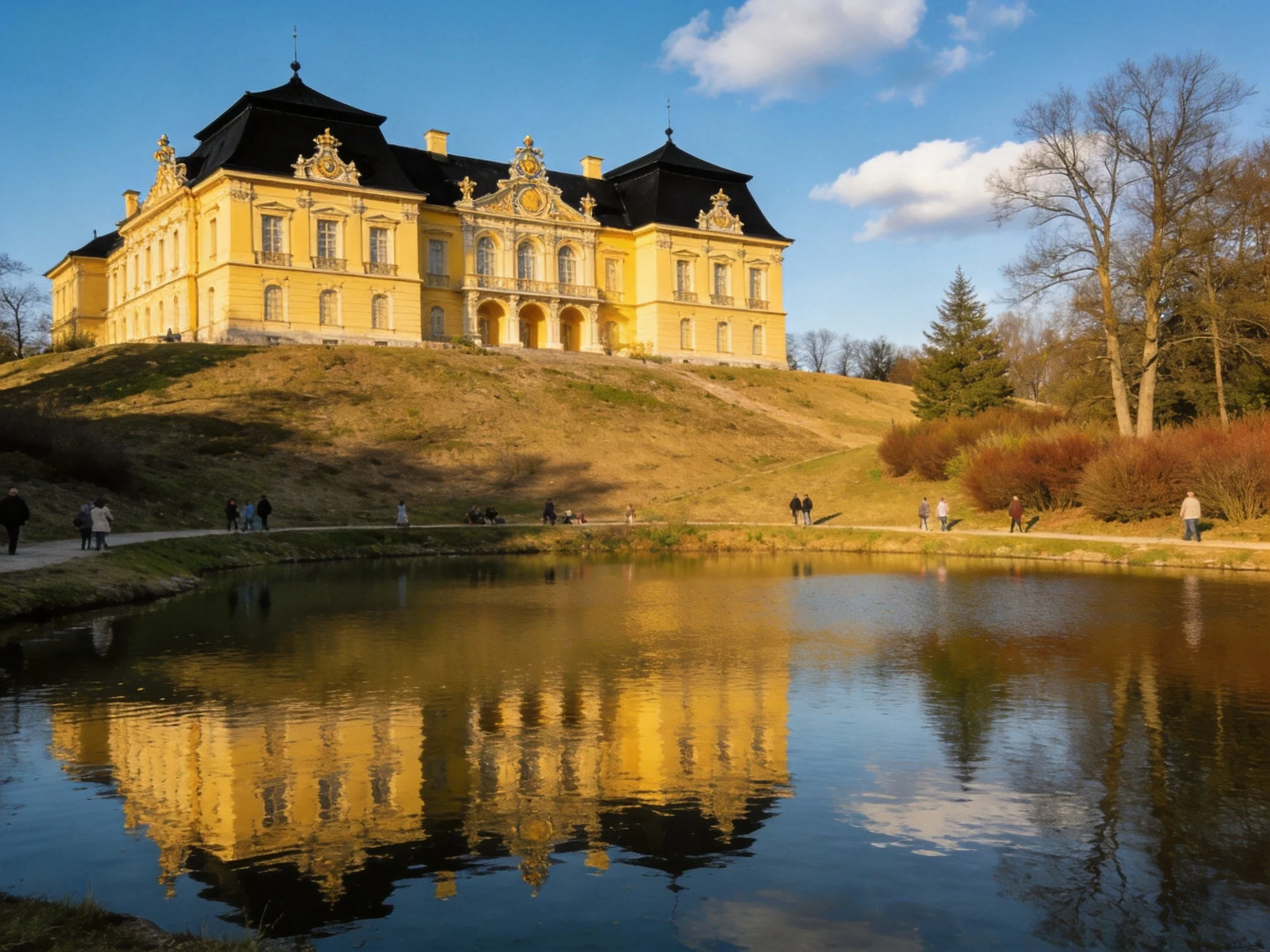 A grand yellow palace with black roofs overlooks a reflective pond