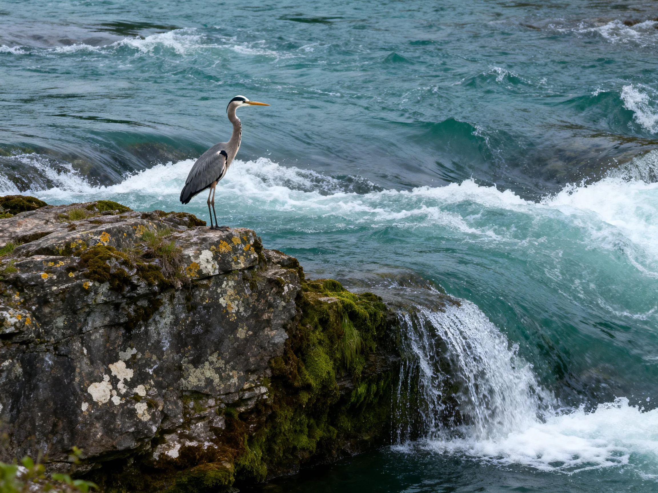 A gray heron perched on a moss-covered rocky outcrop by turquoise rapids