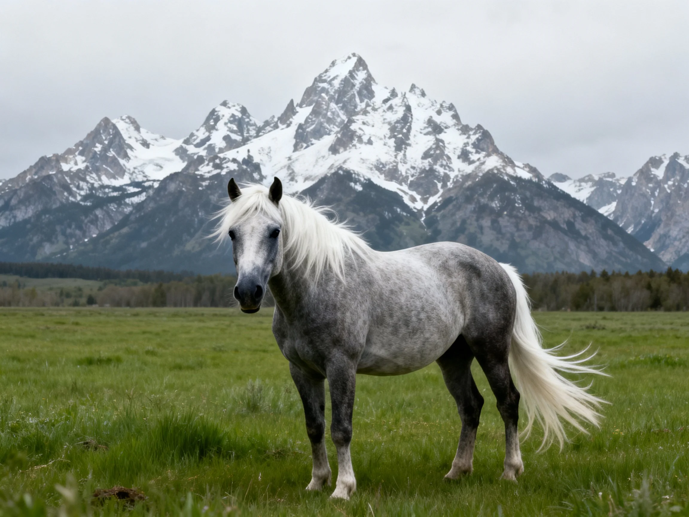 A gray horse stands in a green meadow near snow - capped peaks