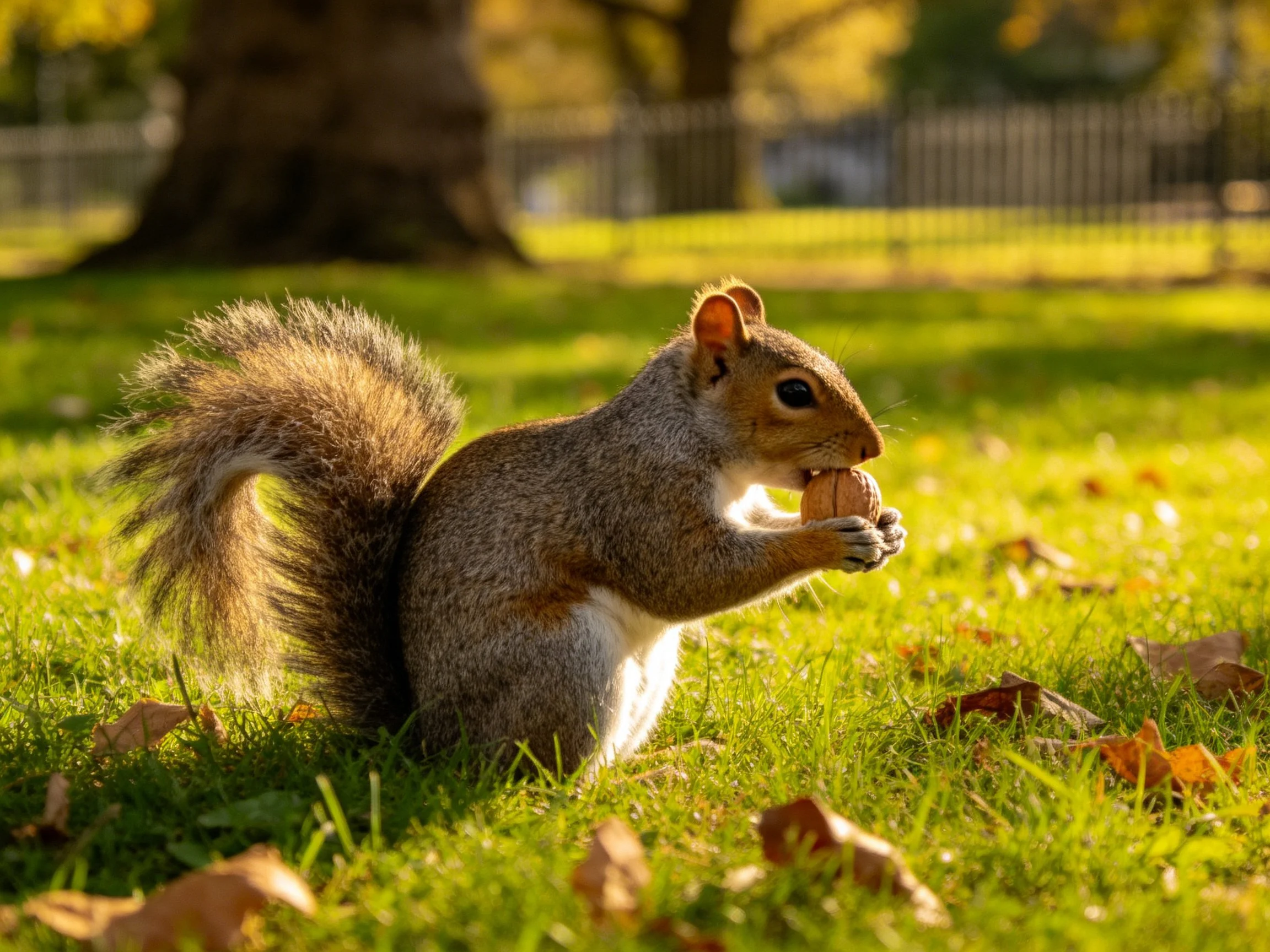 A gray squirrel eating a nut in a sunlit grassy area