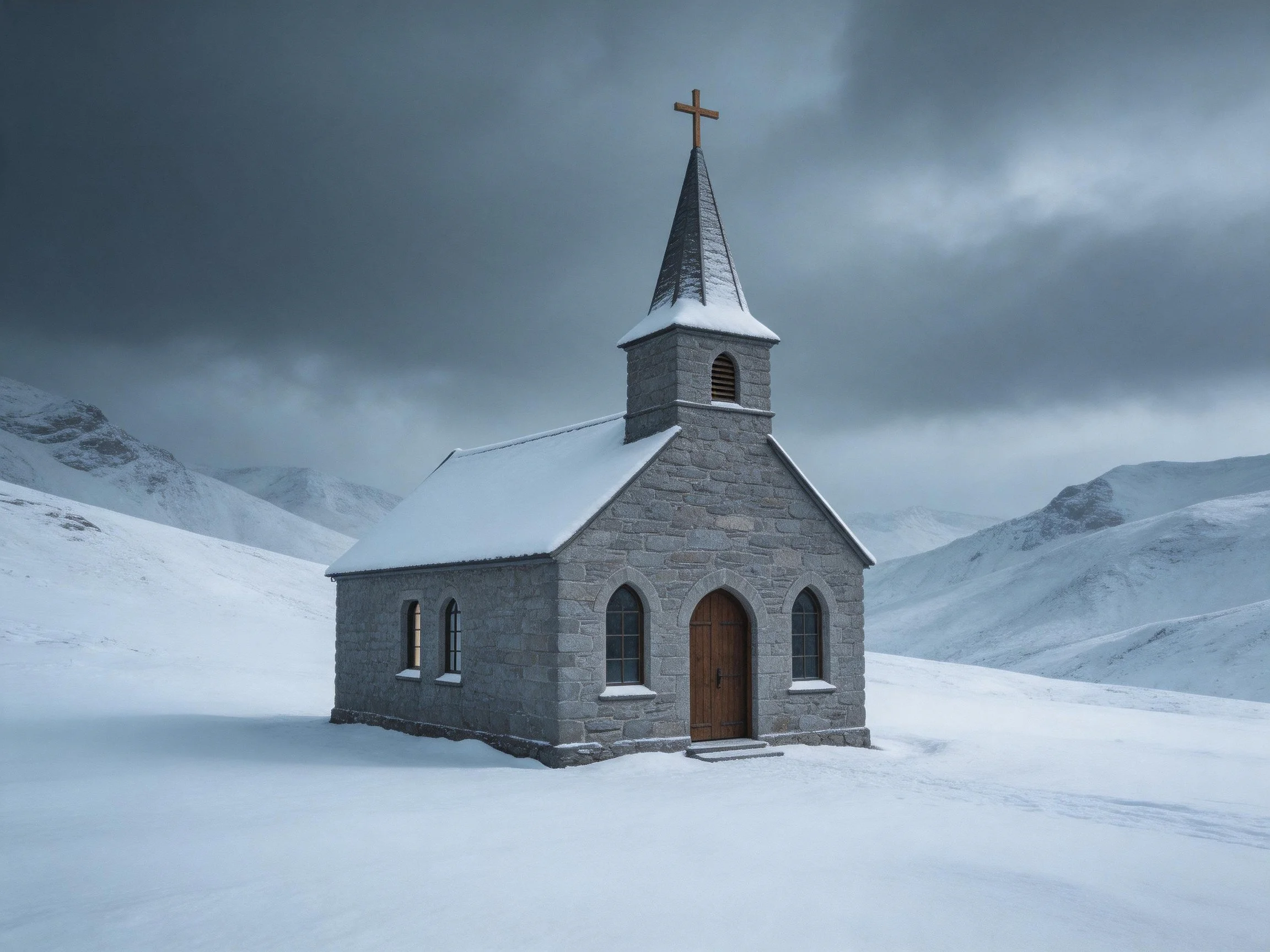 A gray stone church with a wooden cross sits in a snowy mountainous landscape
