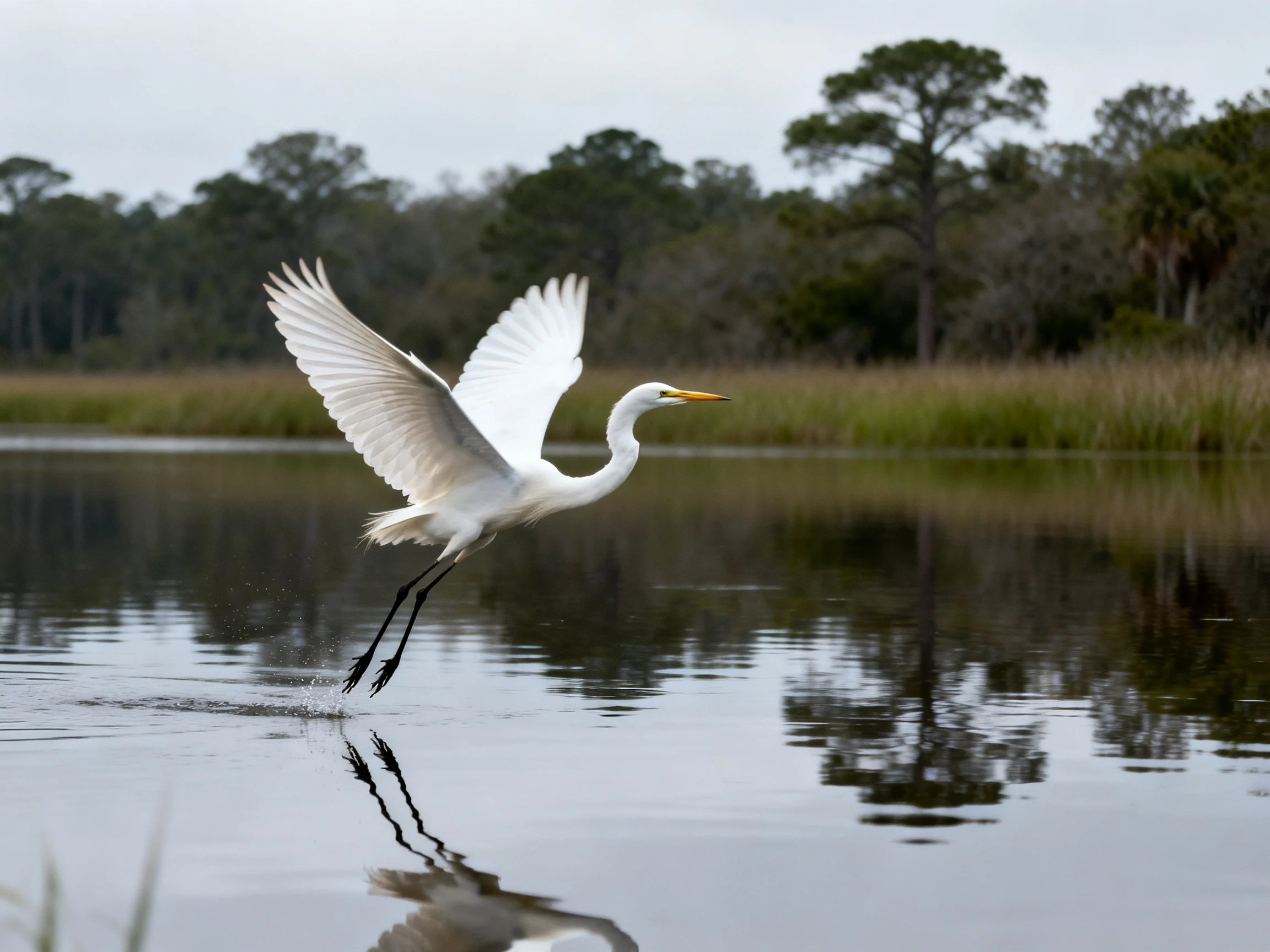 A great egret takes flight over calm water near tall trees